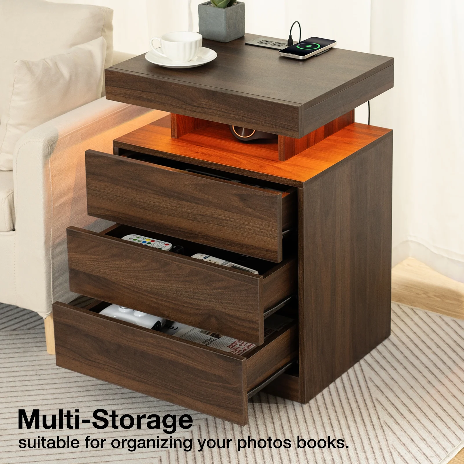 Hommpa LED Nightstand Wireless Charging Station USB Type C Outlets Bedside Table 3 Drawers Black Night Table Modern Smart Nightstand High Gloss End Side Table for Bedroom Furniture 26.8" Tall - Image 17
