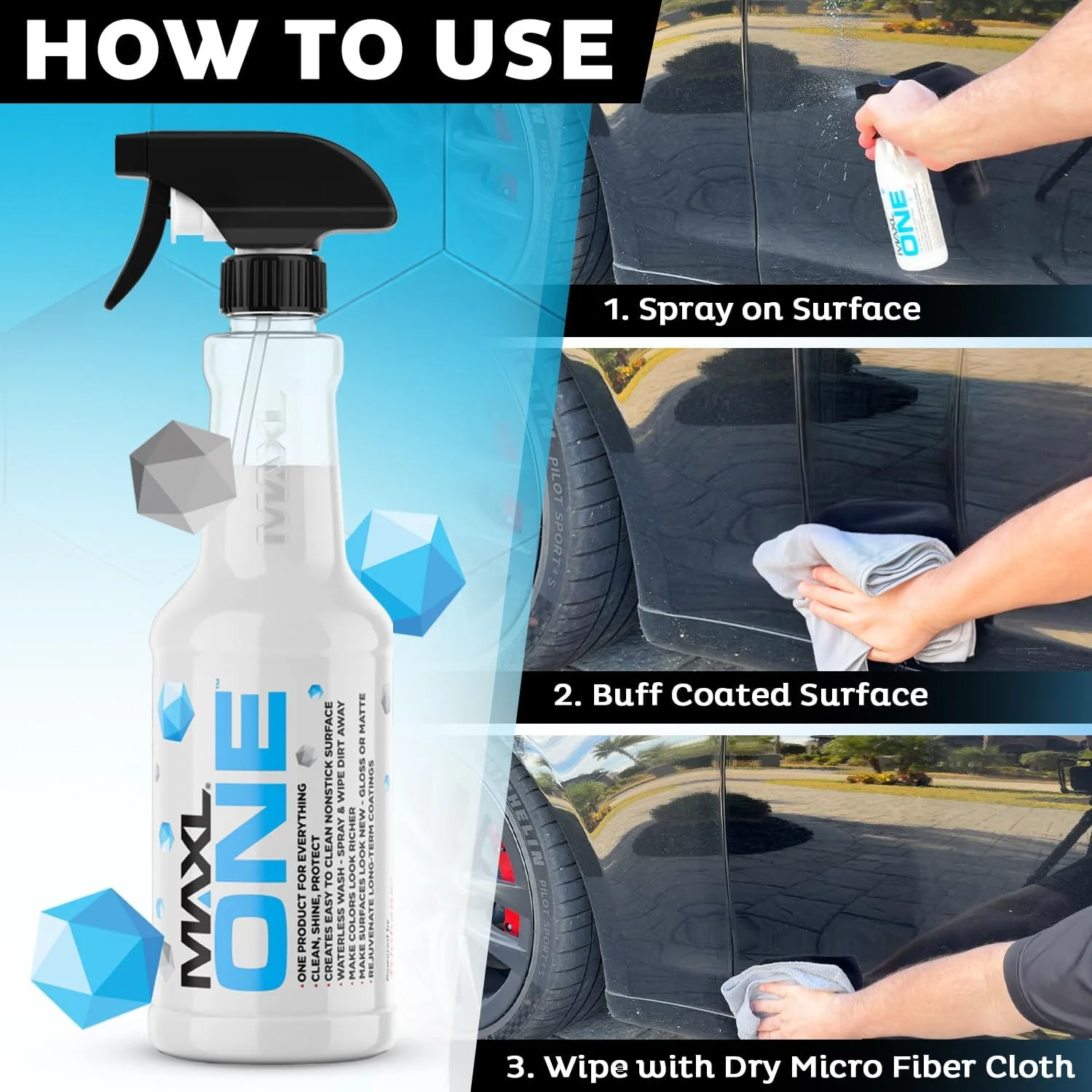 MAXLONE? 20oz Car Spray with Triphene?, Quick Spray & Wipe All Purpose Waterless Detailer, Better Than Any Car Detailing Kit - Clean, Shine, Protect Paint, Glass, Wheels, and Trim Without Pre-Washing