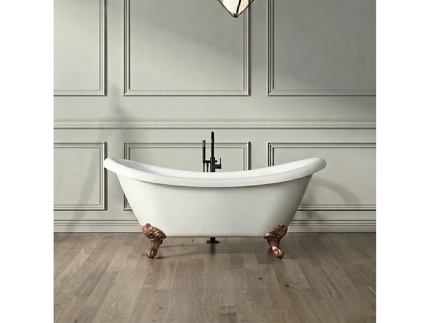 Baignoire sur pieds rétro DARLINGTON Blanche 175 cm Pieds d'Aigle Cuivre rouge vieilli