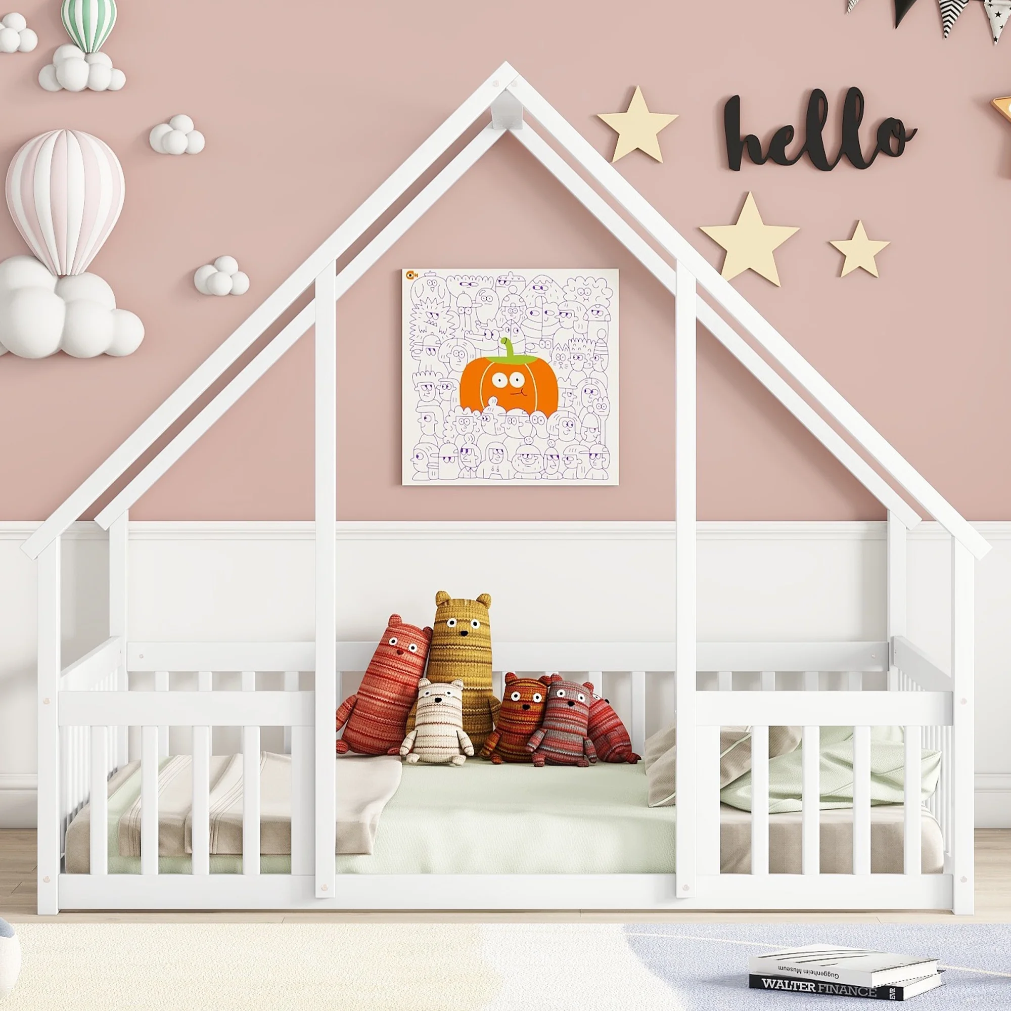 Bellemave Twin Size Floor Bed Frame, Wooden House Bed Twin Size with Fence, Montessori Bed with Guardrails for Bedroom (White) - Image 15