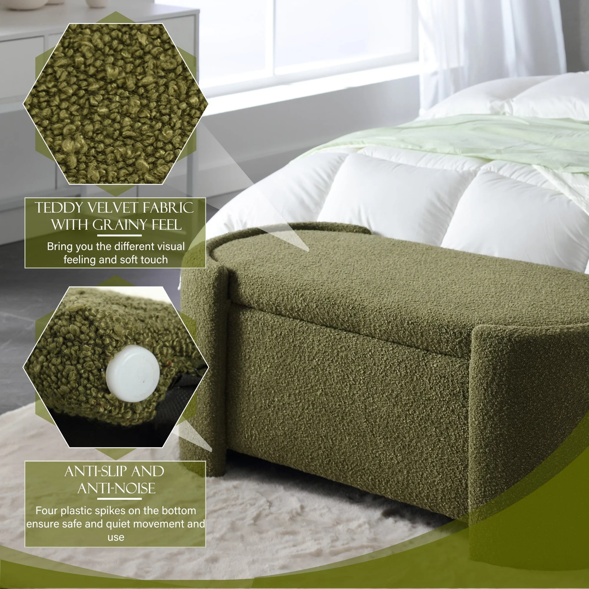 KINFFICT 43.3" Velvet End of Bed Bench for Bedroom, Upholstered Storage Ottoman Bench Entryway Bench with Storage for Living Room Bedroom, Green - Image 10