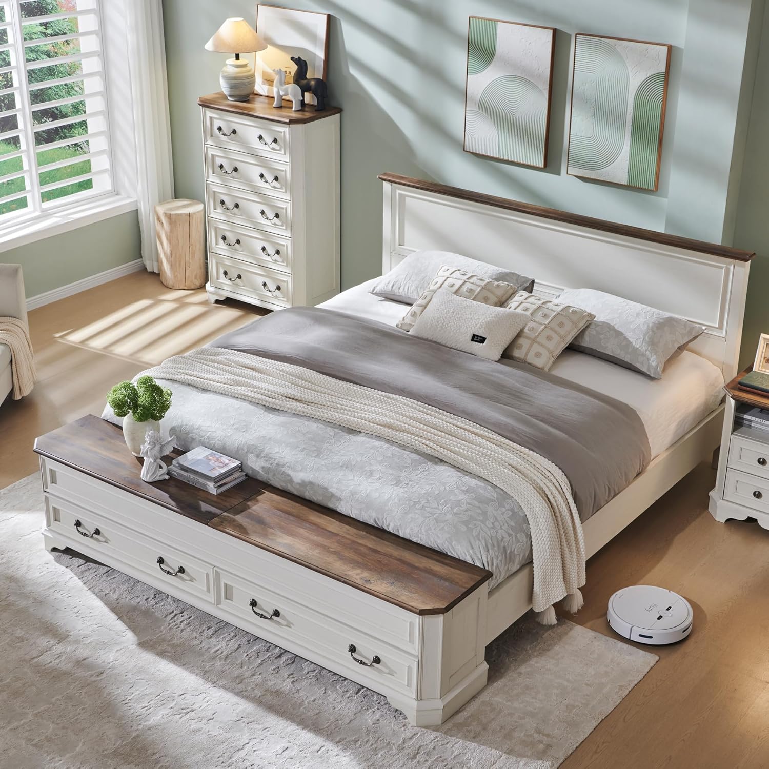 T4TREAM Farmhouse King Bed with Headboard and Storage Bench, Rustic Wood Platform Bed with 80