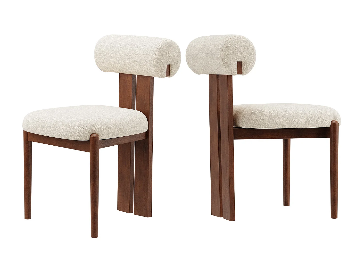 Lot de 2 chaises de salle à manger SMARTUE, dossier cylindrique, cadre en bois, pieds noyer foncé, Beige