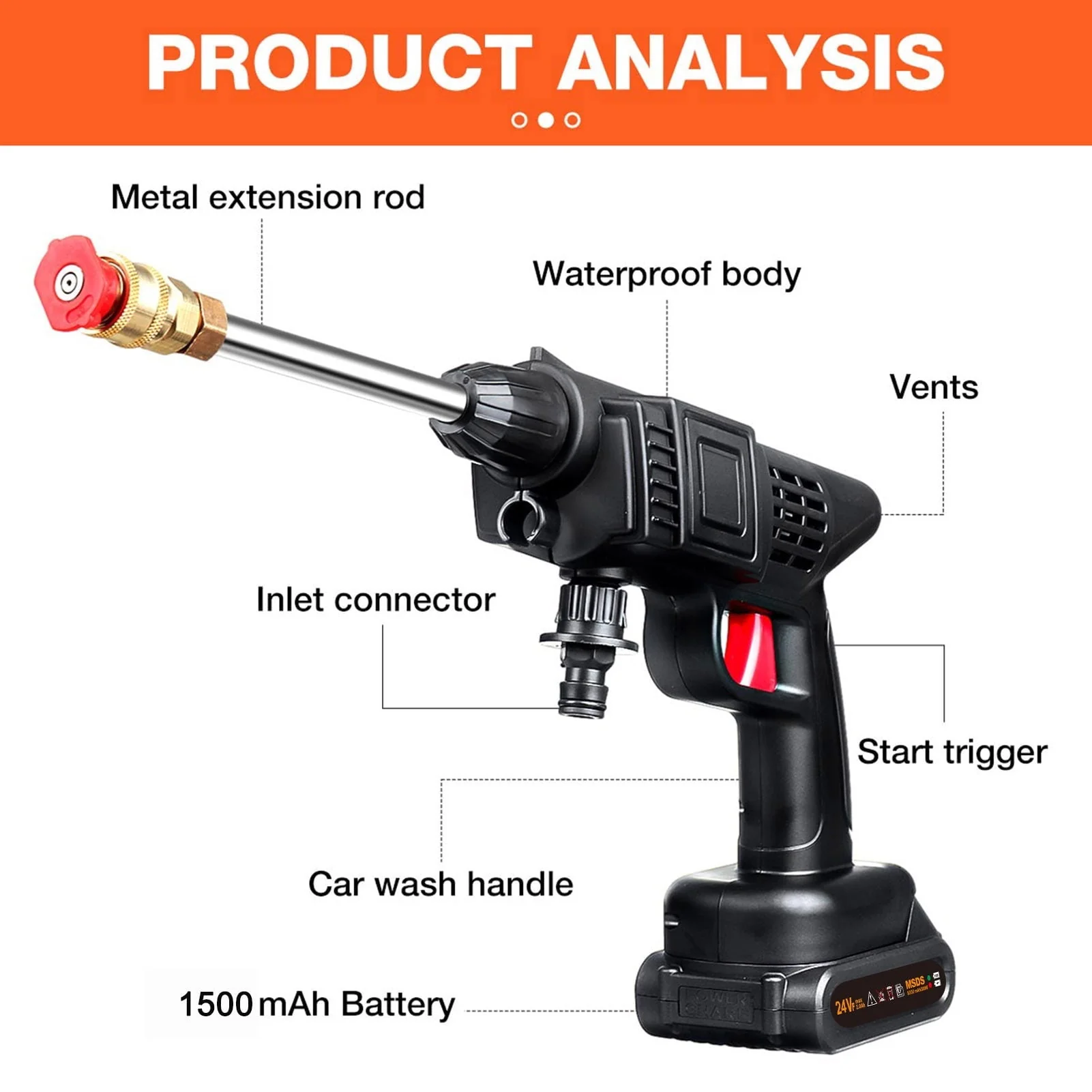 Aumotop Cordless Pressure Washer, 24V Portable Pressure Cleaner with 2 Adjustable Nozzles, Electric Handheld High Power Washer for Car, Fence, Floor Cleaning, Watering