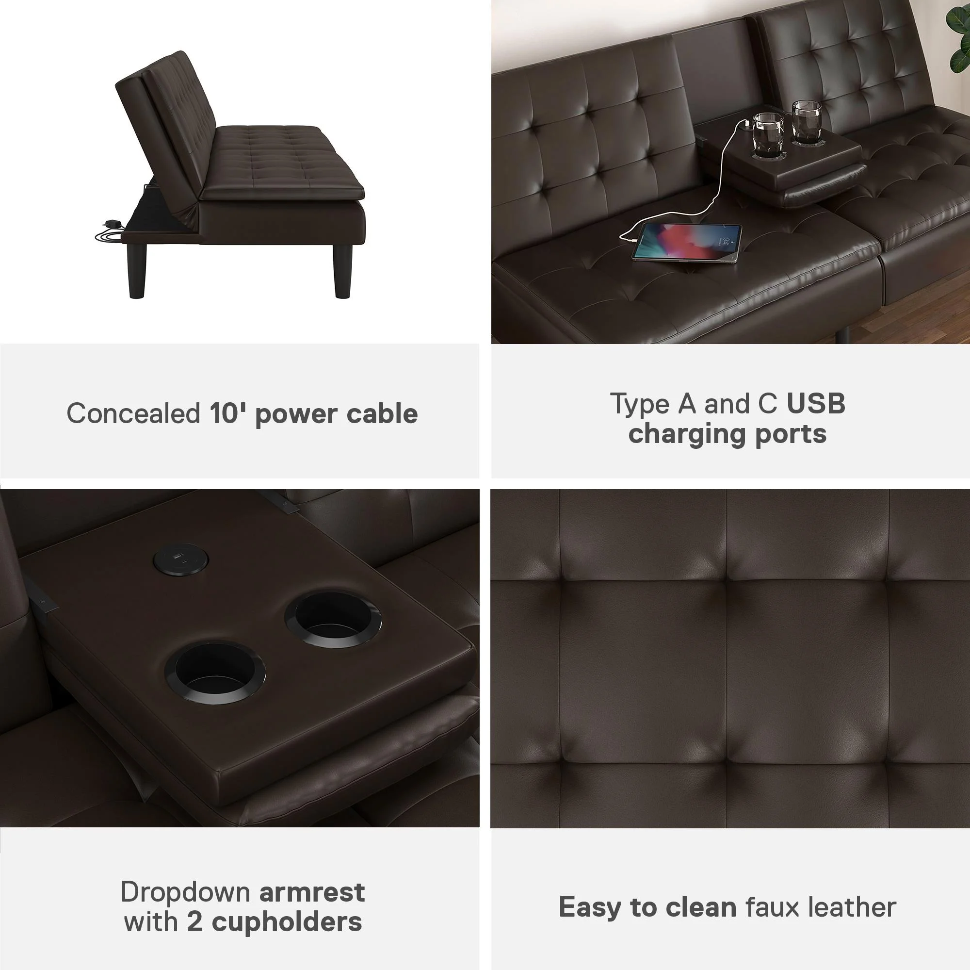Mainstays Memory Foam 71.5" Futon with Cupholder and USB, Black Faux Leather - Image 60
