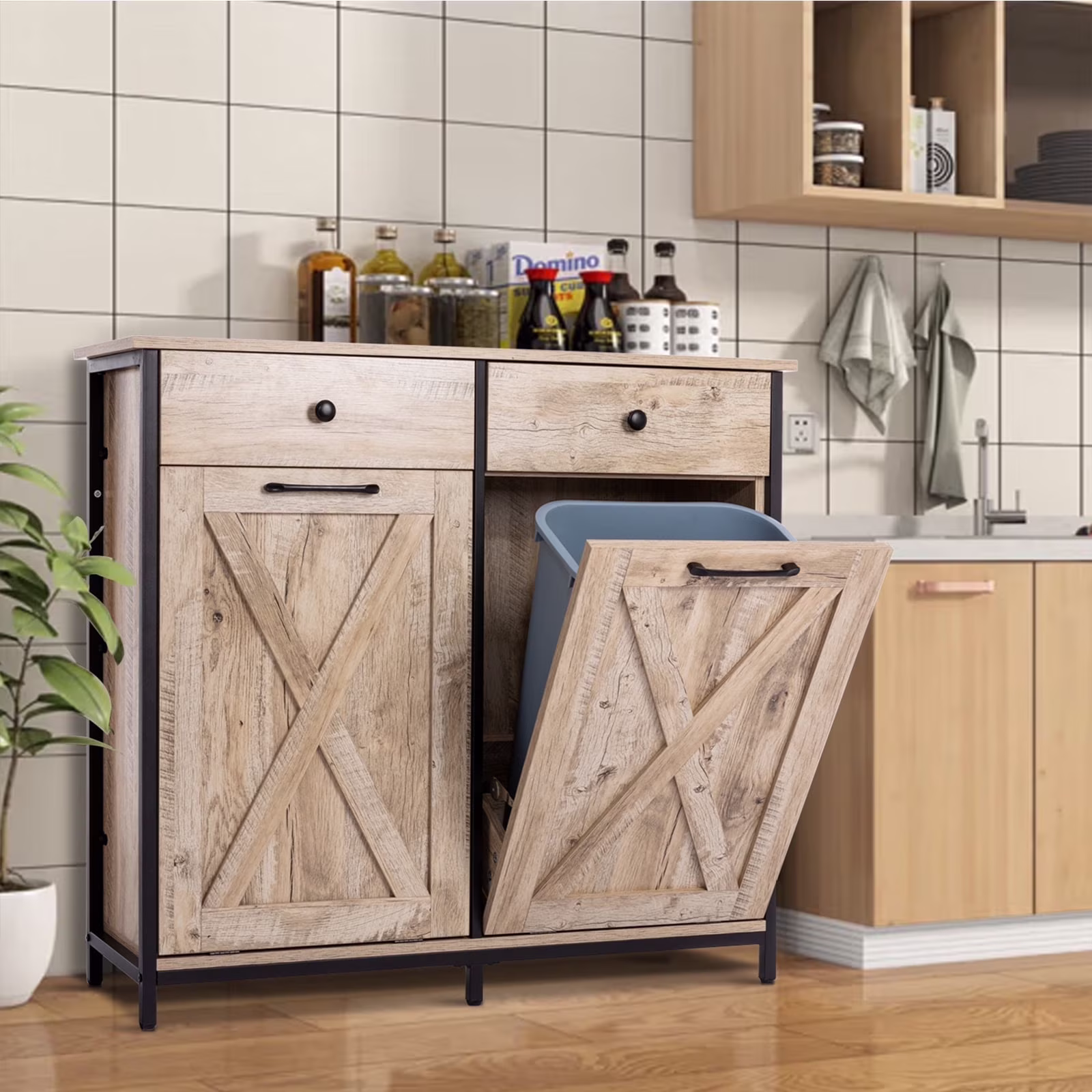 Eclife 20 Gallons Double Tilt Out Trash Cabinet Wood Tabletop, Upgrade Gray, WB010GY - Image 9