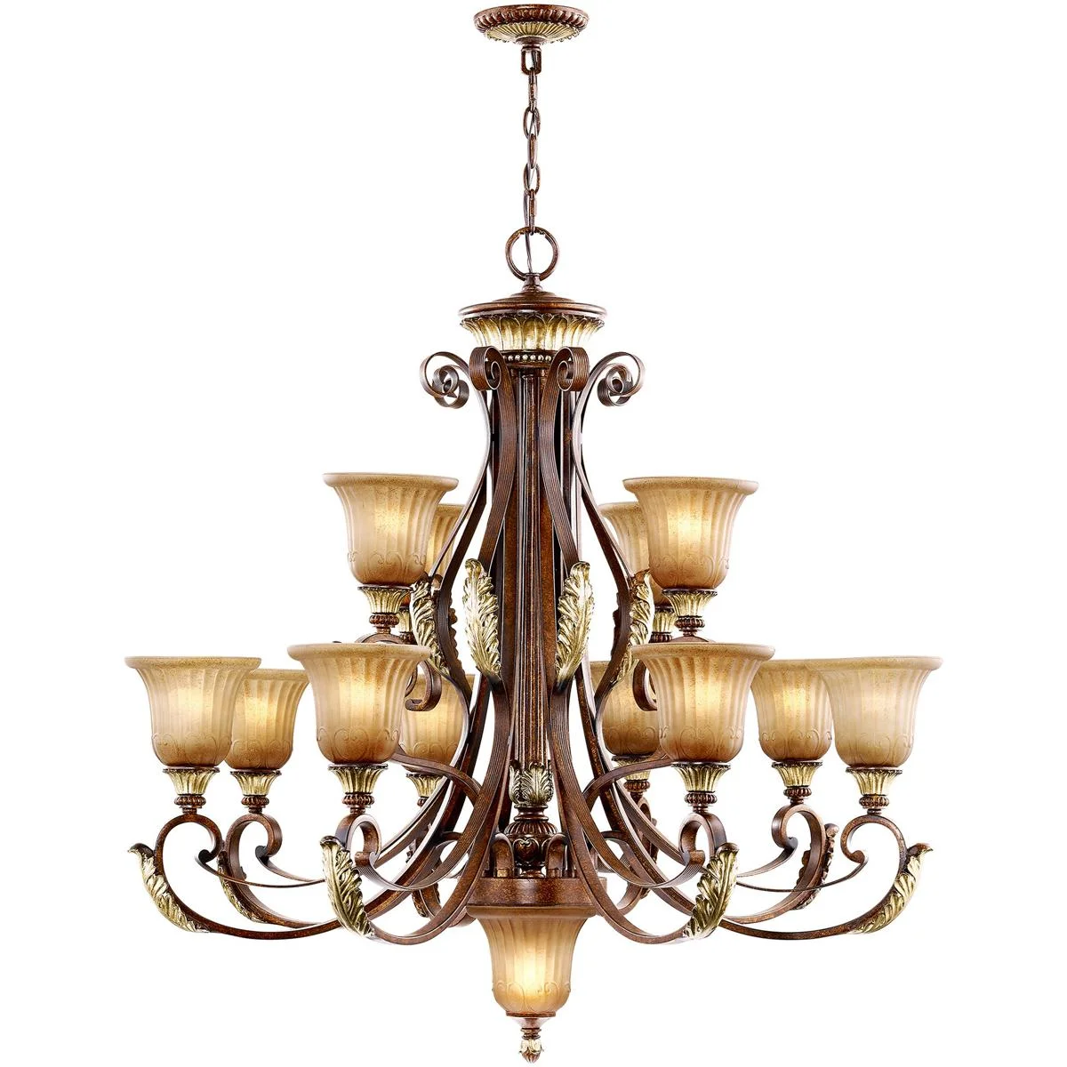 13 Light Verona Bronze Chandelier with Rustic Art Glass Shade