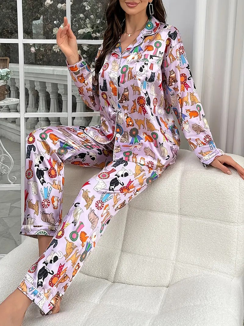 SatinChic | Satijnen Pyjama Set met Kattenprint voor Herfst en Winter