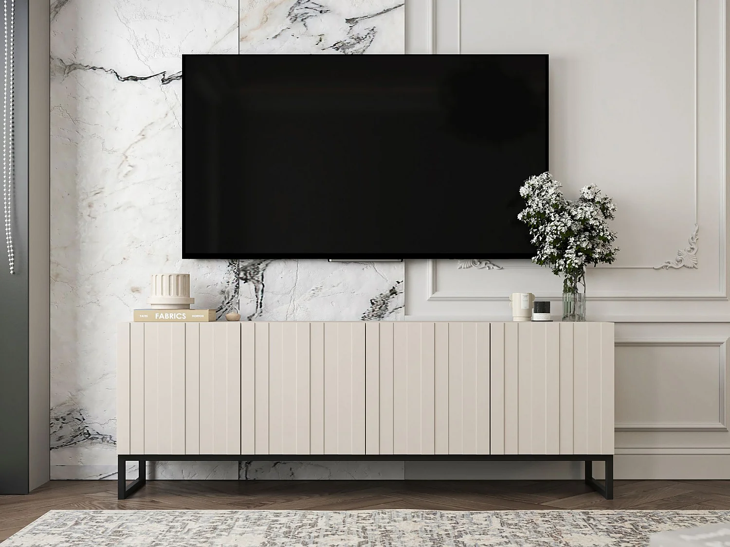 Meuble TV avec 4 portes - Corps Cachemire mat, façades rainurées Cachemire mat - 150 cm, Cadre en métal noir