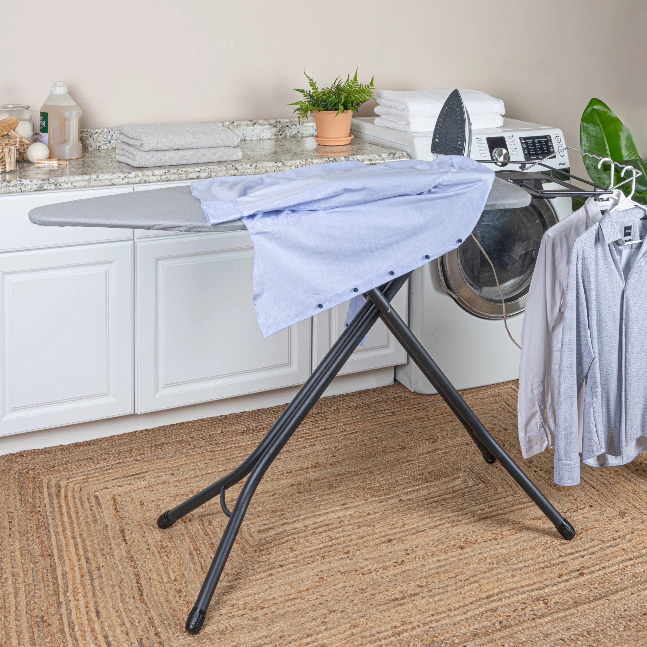 Household Essentials Wide Mega Ironing Board 4-Leg, Steel Top Pressing Station, Heat-Resistant Fiber Pad and Cotton Cover, Includes Sleeve Board and Iron Rest with Hanger Bar, Silver Frame - Image 14