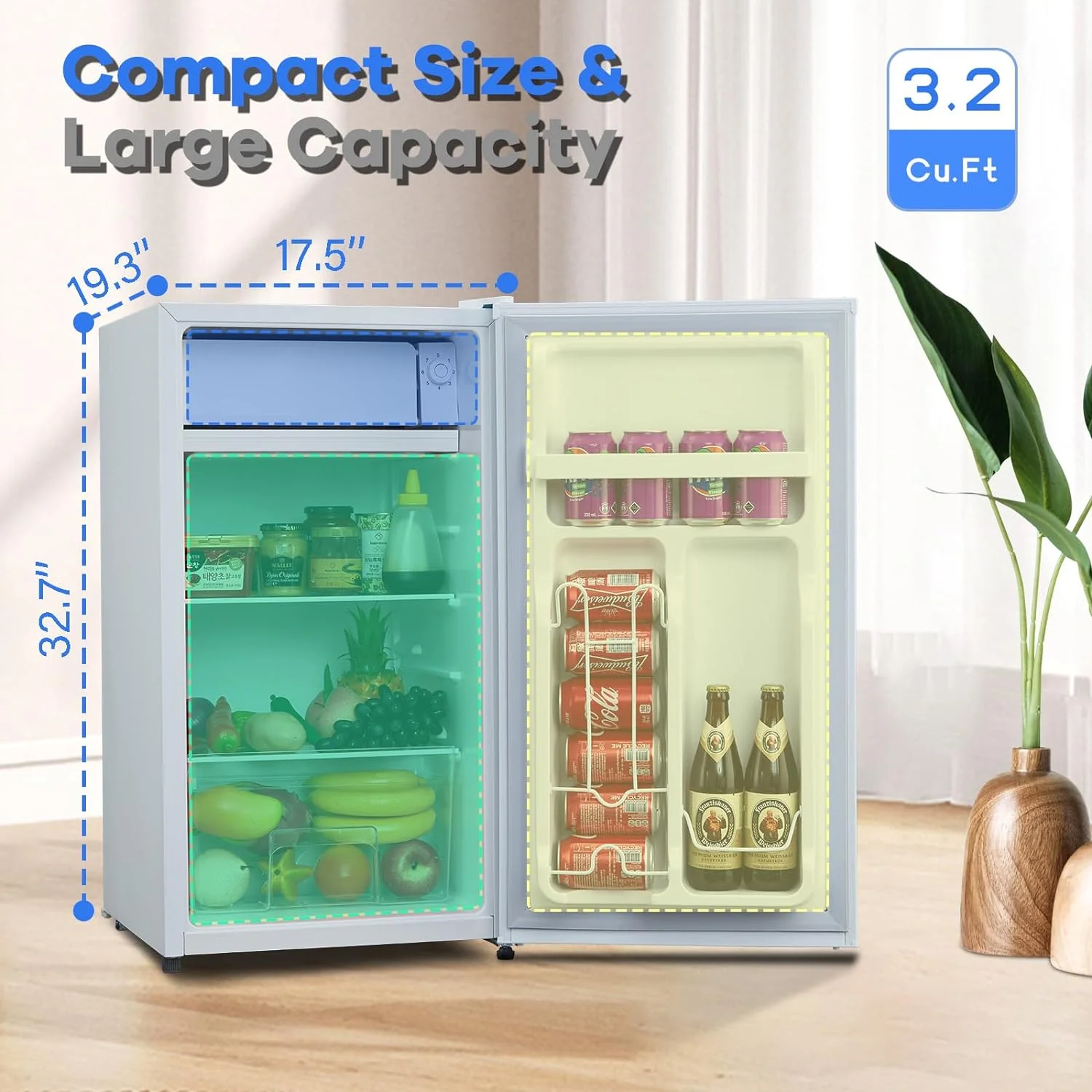 Mini Fridge With Freezer, 3.2 Cu.Ft Mini Refrigerator, Dorm Fridge With Single Door, Compact Refrigerator For Bedroom/Apartment/Office-Food Storage Cooling Drink, White