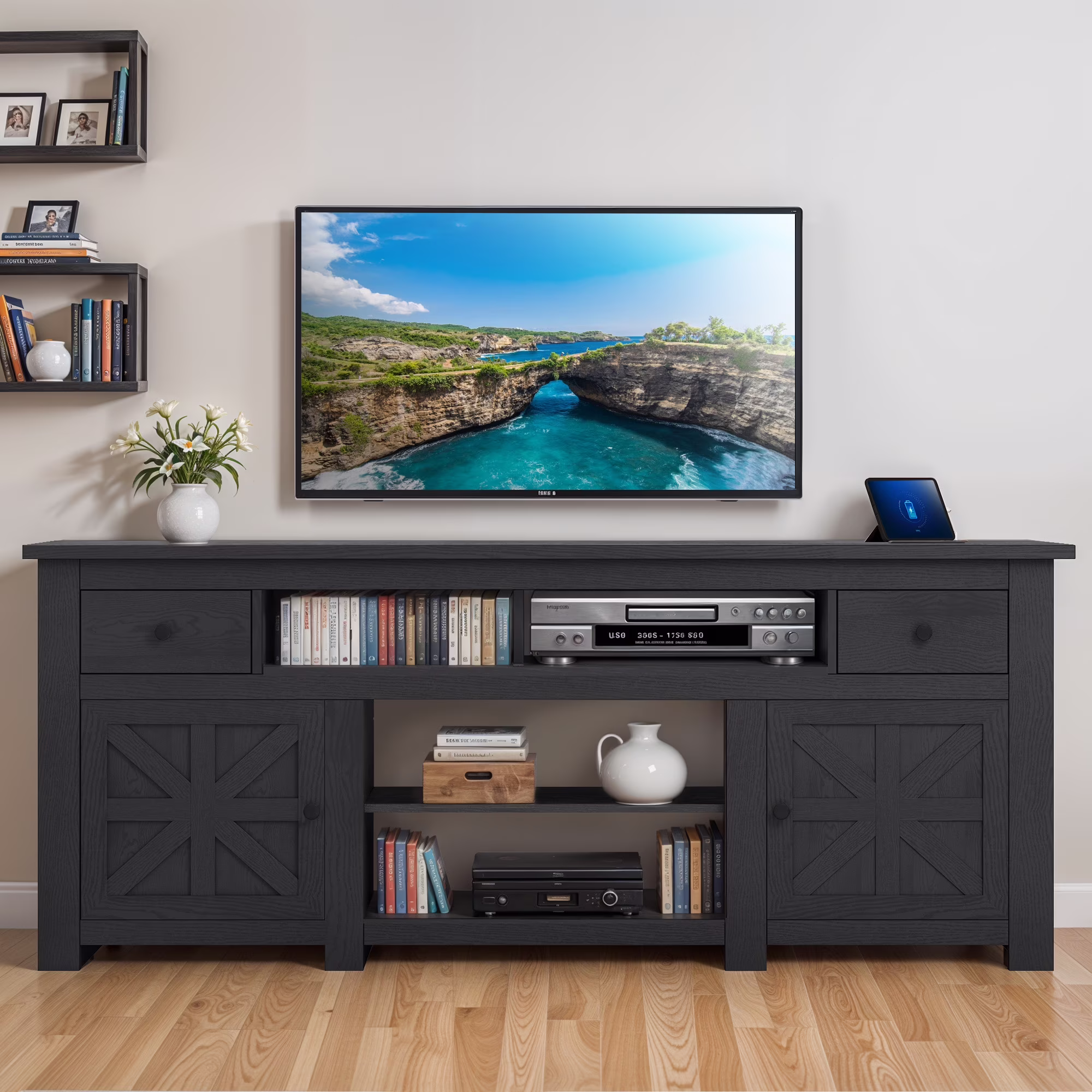 Uforic Farmhouse TV Stand for 75/80 Inch TV, Rustic Entertainment Center with Power Outlet, Storage Drawers, TV Console for Living Room, Oak - Image 7