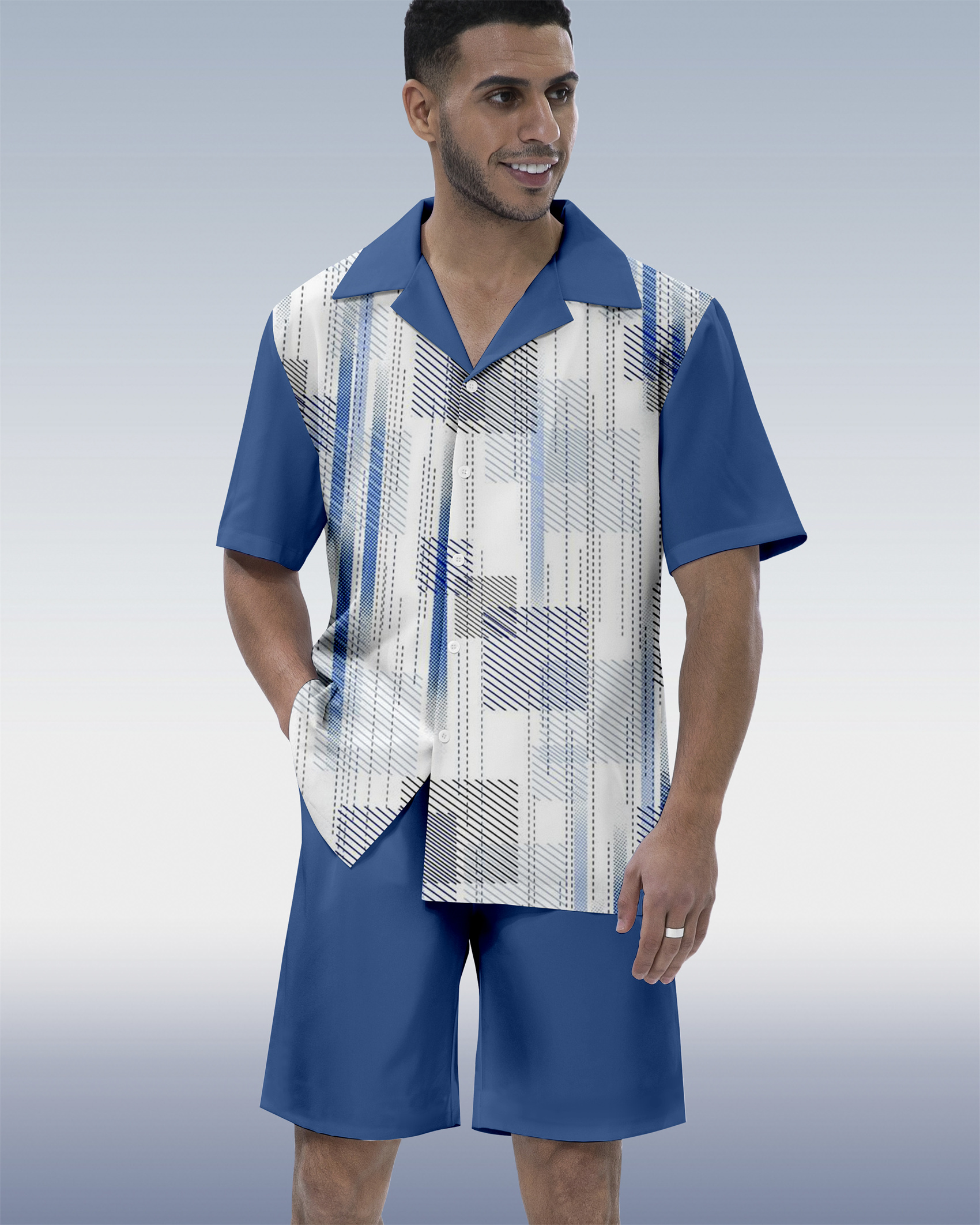 Men's Vacation Bowling Cuban Collar Short Sleeve Shirt Set 066