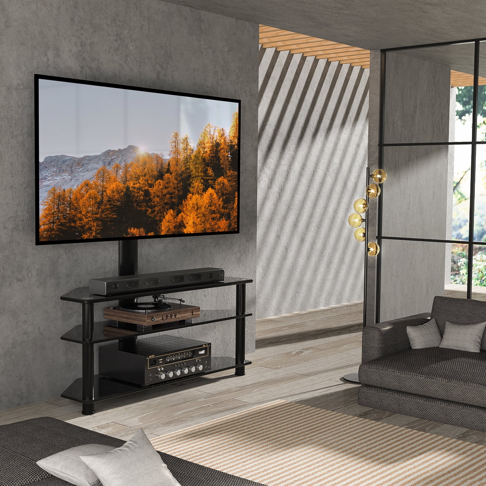 RTVR Modern 3 in 1 TV Stand with Mount for Flat Screens up to 65 inch, Black Glass Corner TV Stand for Bedroom