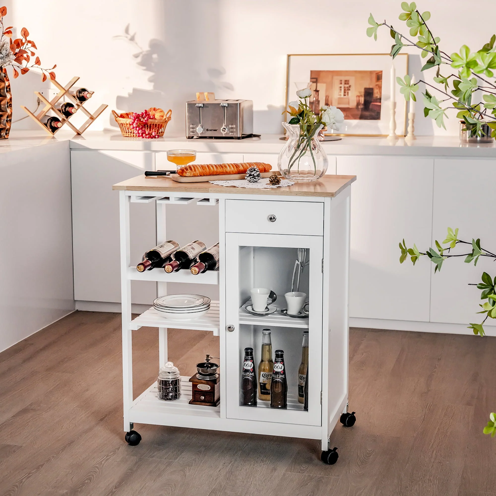 Costway Rolling Kitchen Island Wood Top Trolley Cart Storage Cabinet w/Shelf & Wine Rack - Image 2