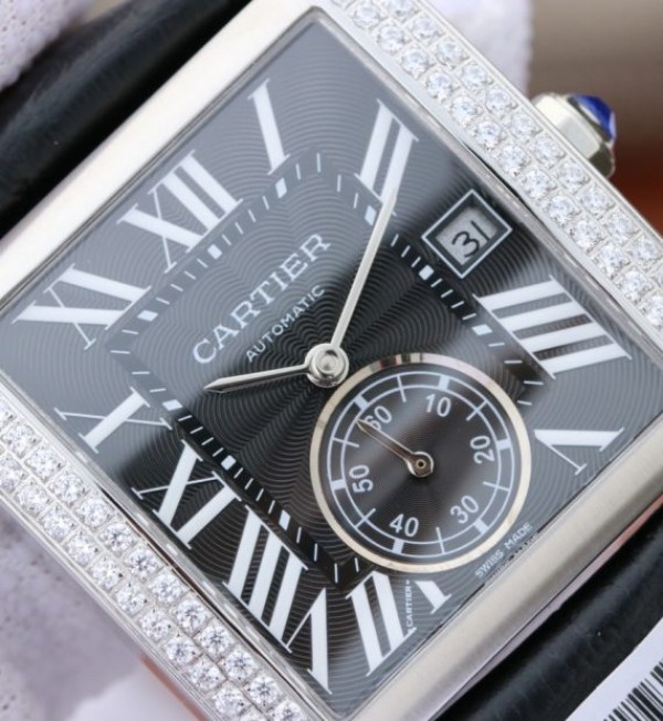Replica Cartier Tank MC SS Black Dial Diamonds Bezel Leather Strap - Elite Watch Atelier