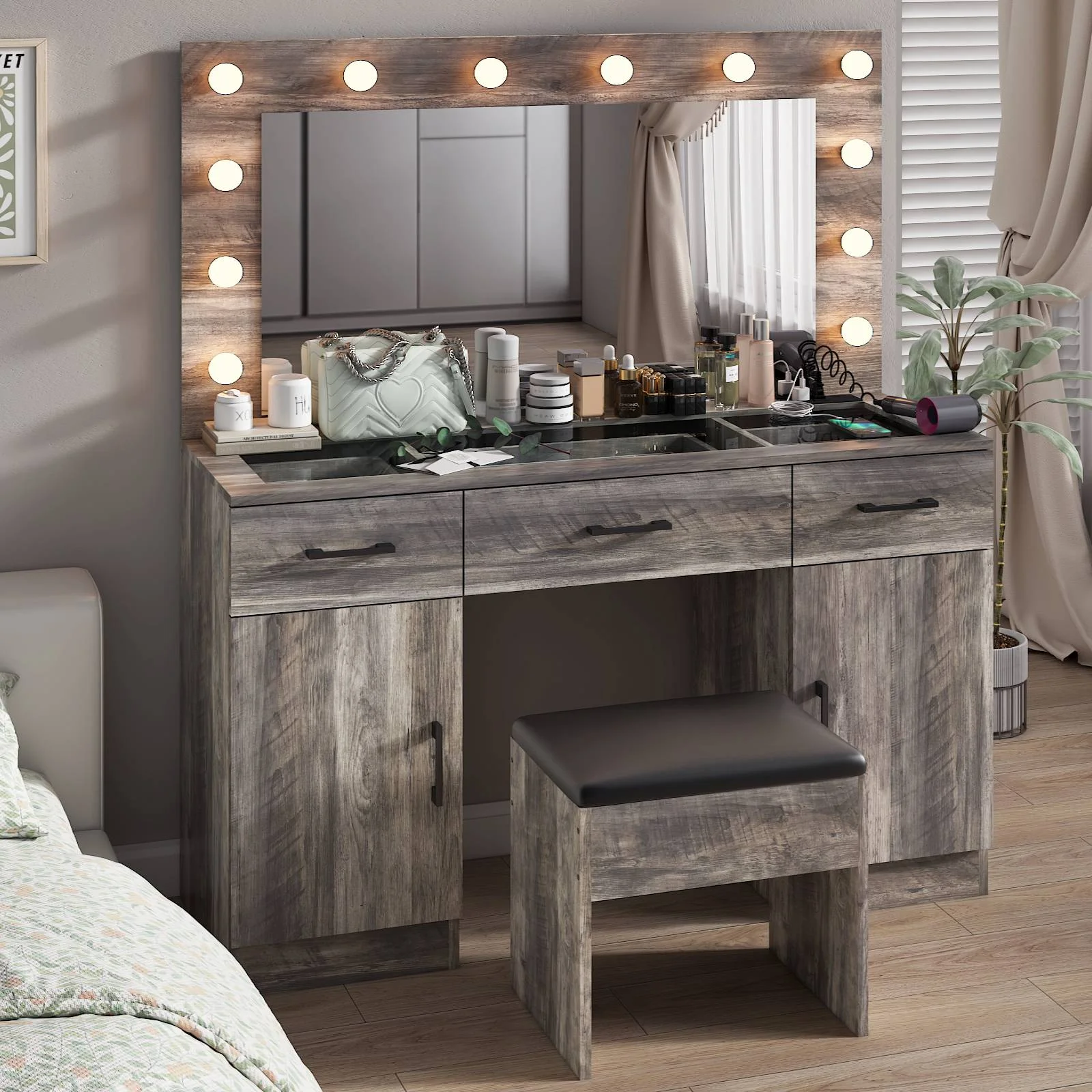 Ktaxon Large Makeup Vanity, Vanity Table Set w/ Visible Glass Top w/ Charging Station, White - Image 31