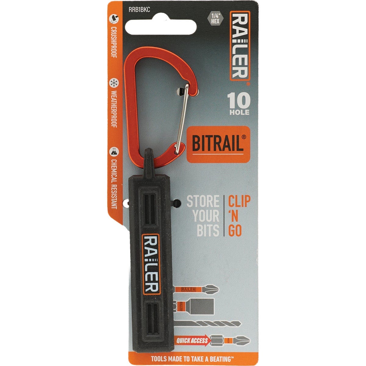 Railer 10-Hole Bitrail Black Bit Holder Storage Organizer with Carabiner