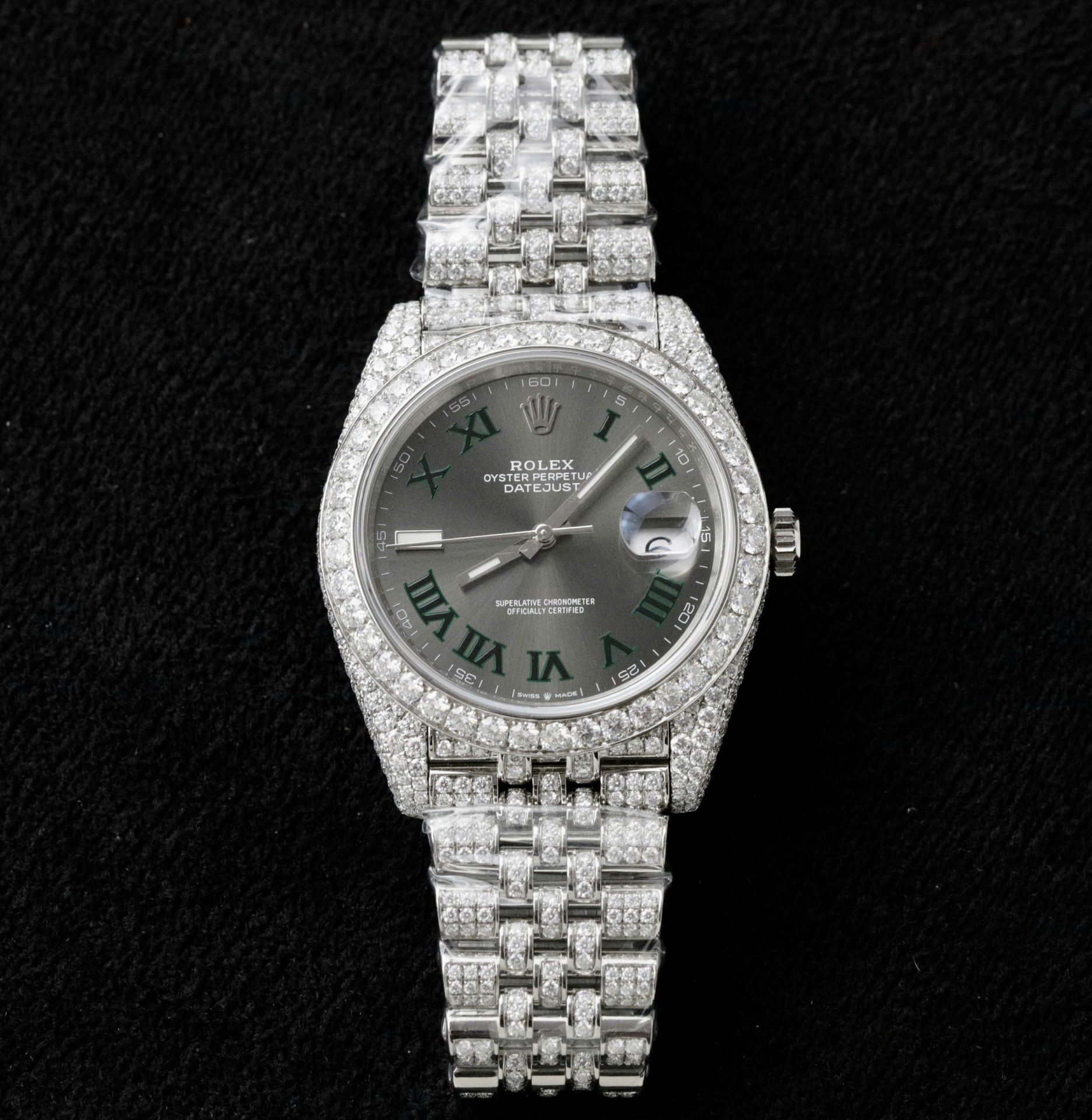 Rolex DateJust Best Copies Watch Dial Wimbledon Encrusted Moissanite Hong Kong 41mm - Elite Watch Atelier