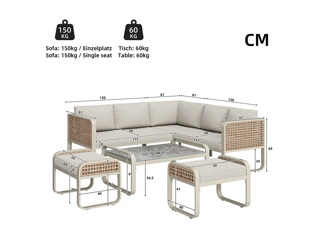 Salon de jardin en metal 6 à 7 personnes : canapé d'angle + table basse + 2 tabourets, pieds réglables, Beige