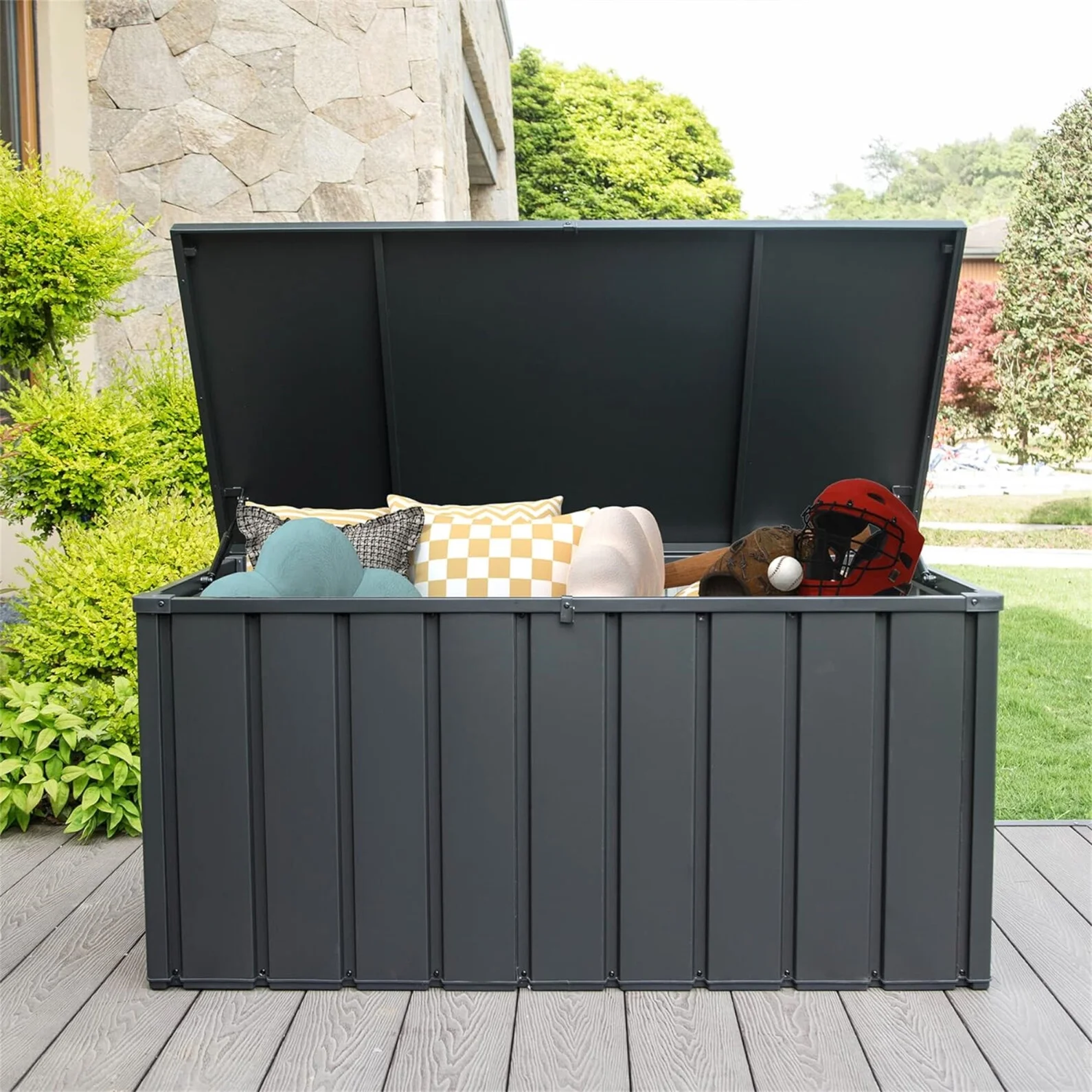 150 Gallon Outdoor Waterproof Storage Deck Box with Portable Side Handles and Moving Roller, Large Patio Storage Lockable for Outside Cushions, Throw Pillows, Garden Tools, Dark Gray - Image 8