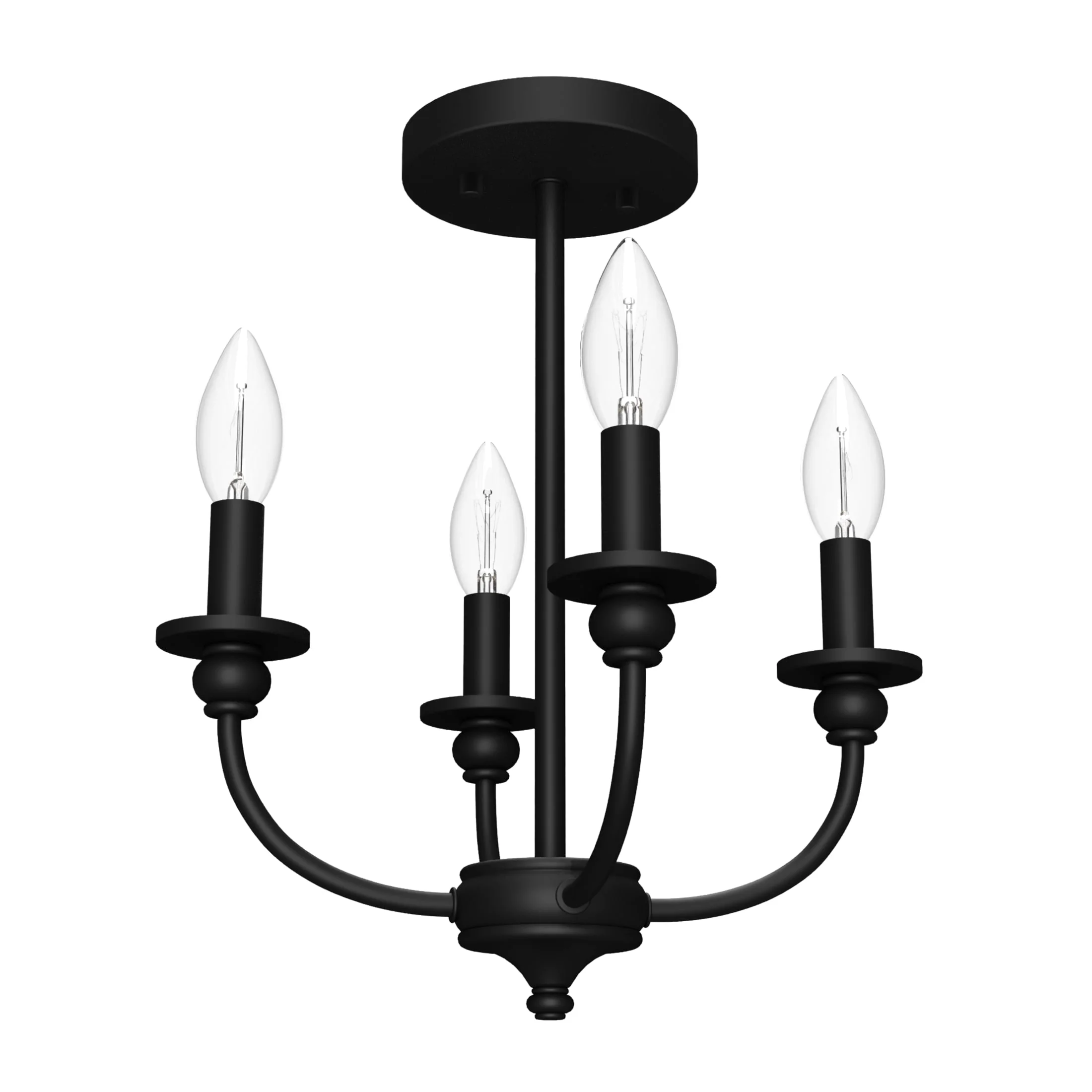 Hunter - Southcrest 4-light Matte Black, Medium Size Flush Mount Light, Dimmable, Traditional Style, Candle Shaped, for Bedrooms, Dining, Living Rooms - 19642