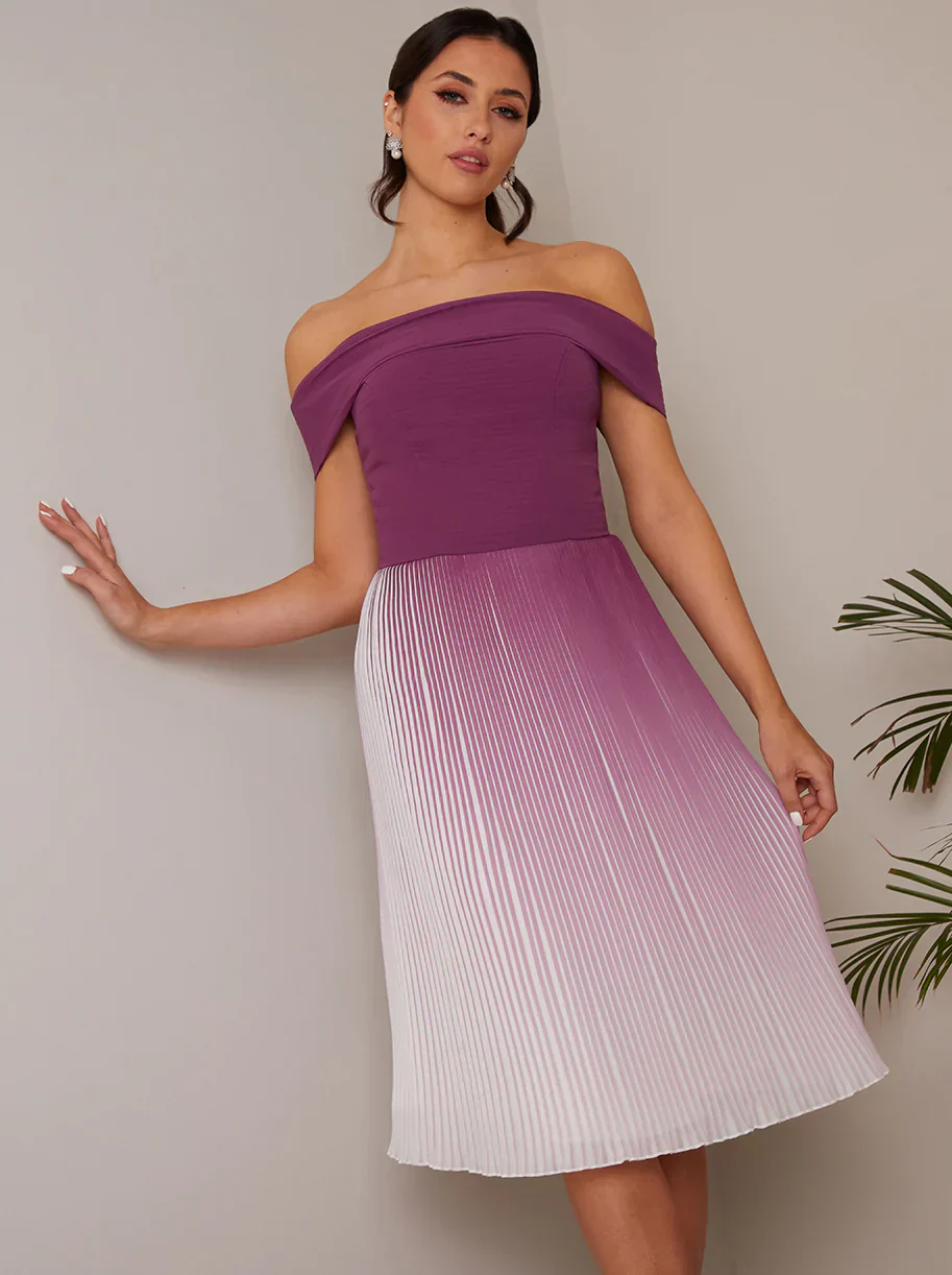 Bardot Ombre Pleated Midi Dress in Purple
