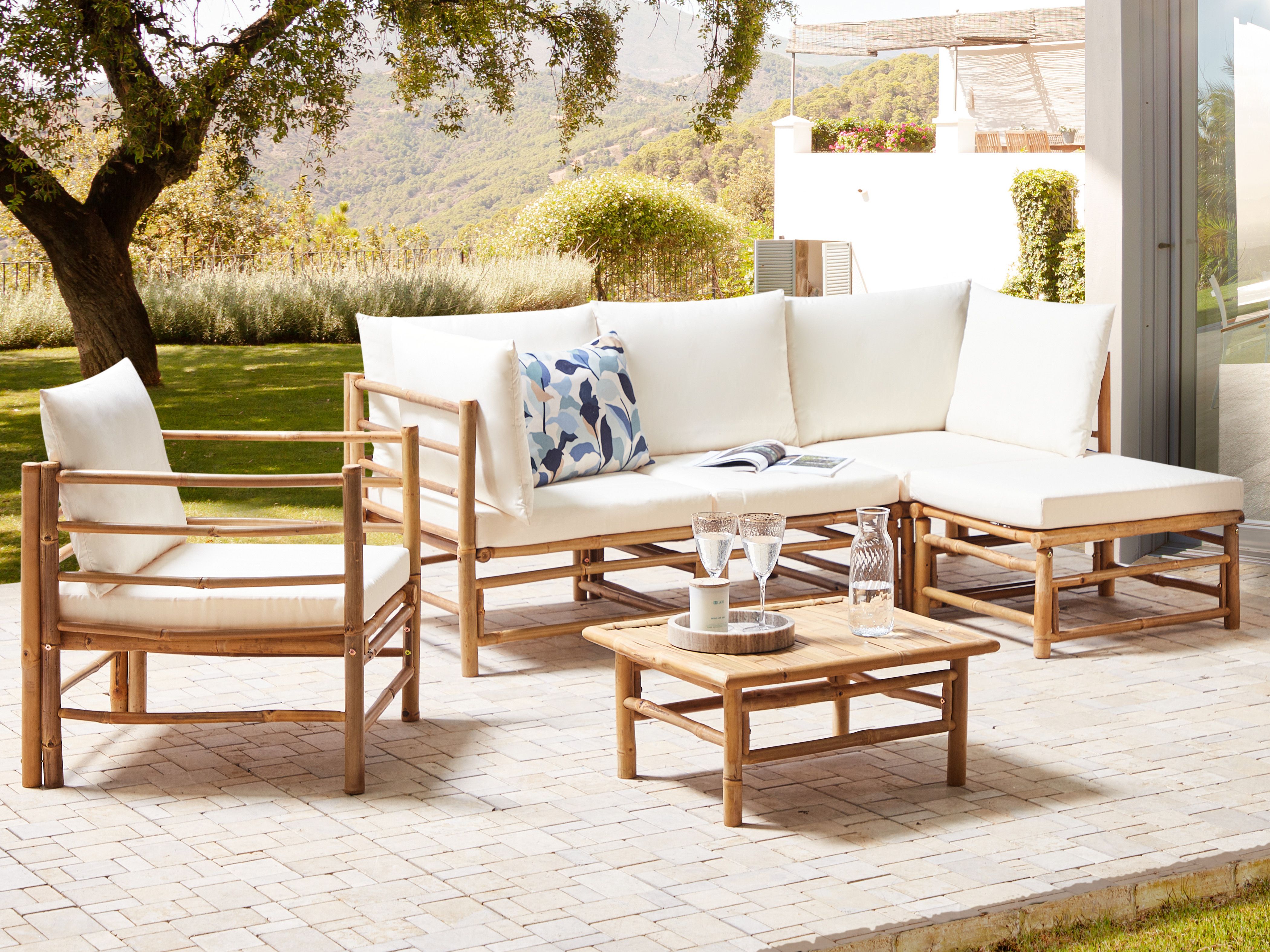 Garden Lounge Set with Table 5 Seater CERRETO Left Hand Bamboo Off-White