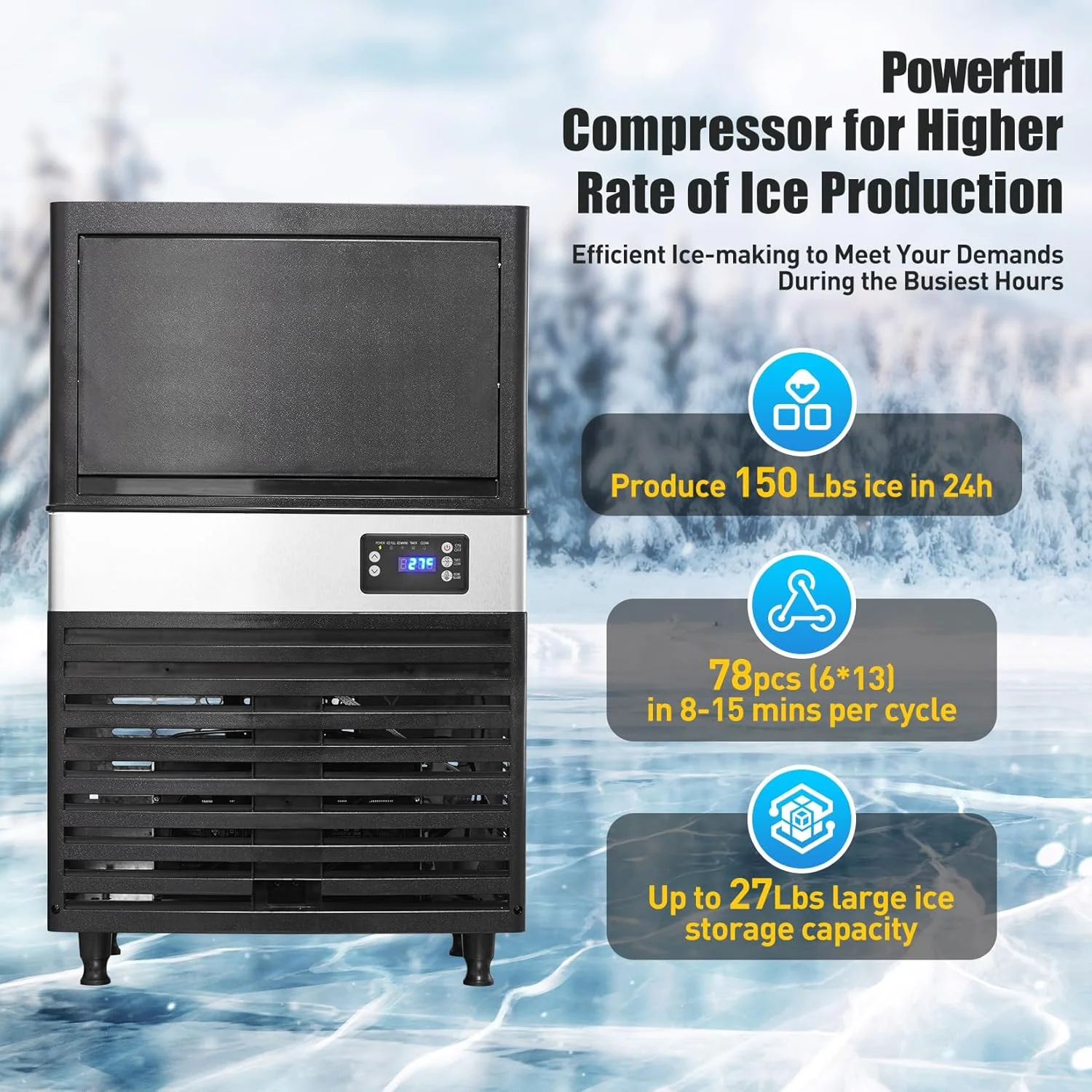 Commercial Ice Maker Machine, 150lbs/24 Hours, 27lbs Storage Bin, Stainless Steel, Blue Light, Freestanding, Great for Home or Business, Includes Ice Scoop, Connecting Hose