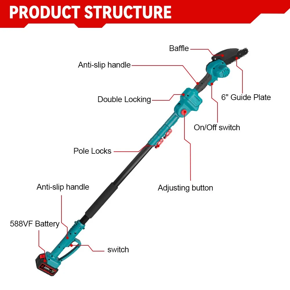 3-in-1 Brushless 6" Pole Chainsaw & Electric Pruning Shears Cordless Pole Saw - Image 6