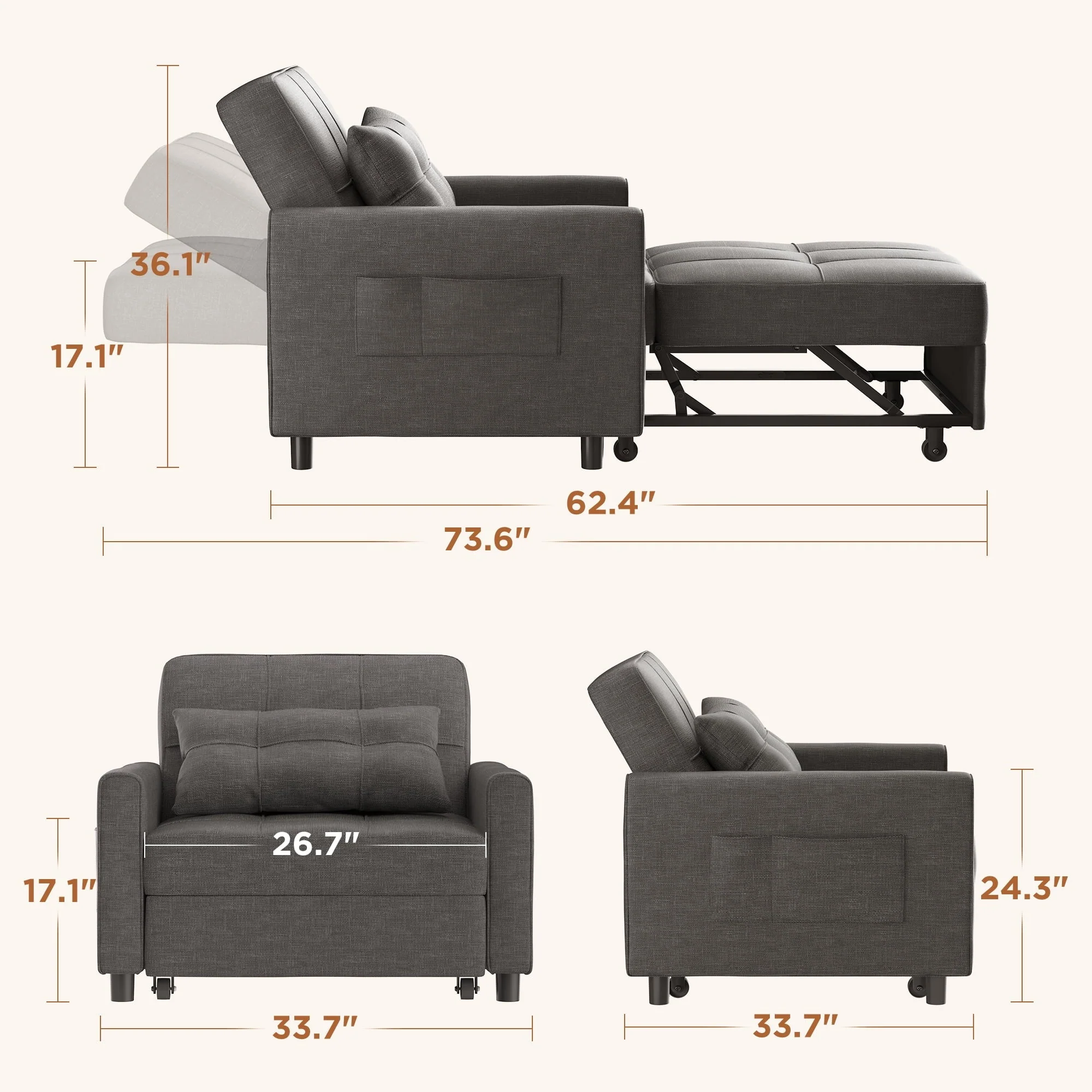 Convertible Sofa Bed, 73.6'' 3 in 1 Sleeper Chair Bed with Adjustable Backrest, Dark Gray - Image 4