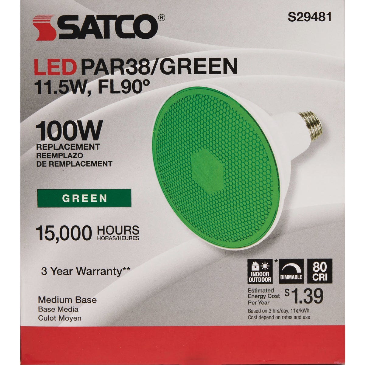 Satco 100W Equivalent PAR38 Medium Base Green LED Light Bulb