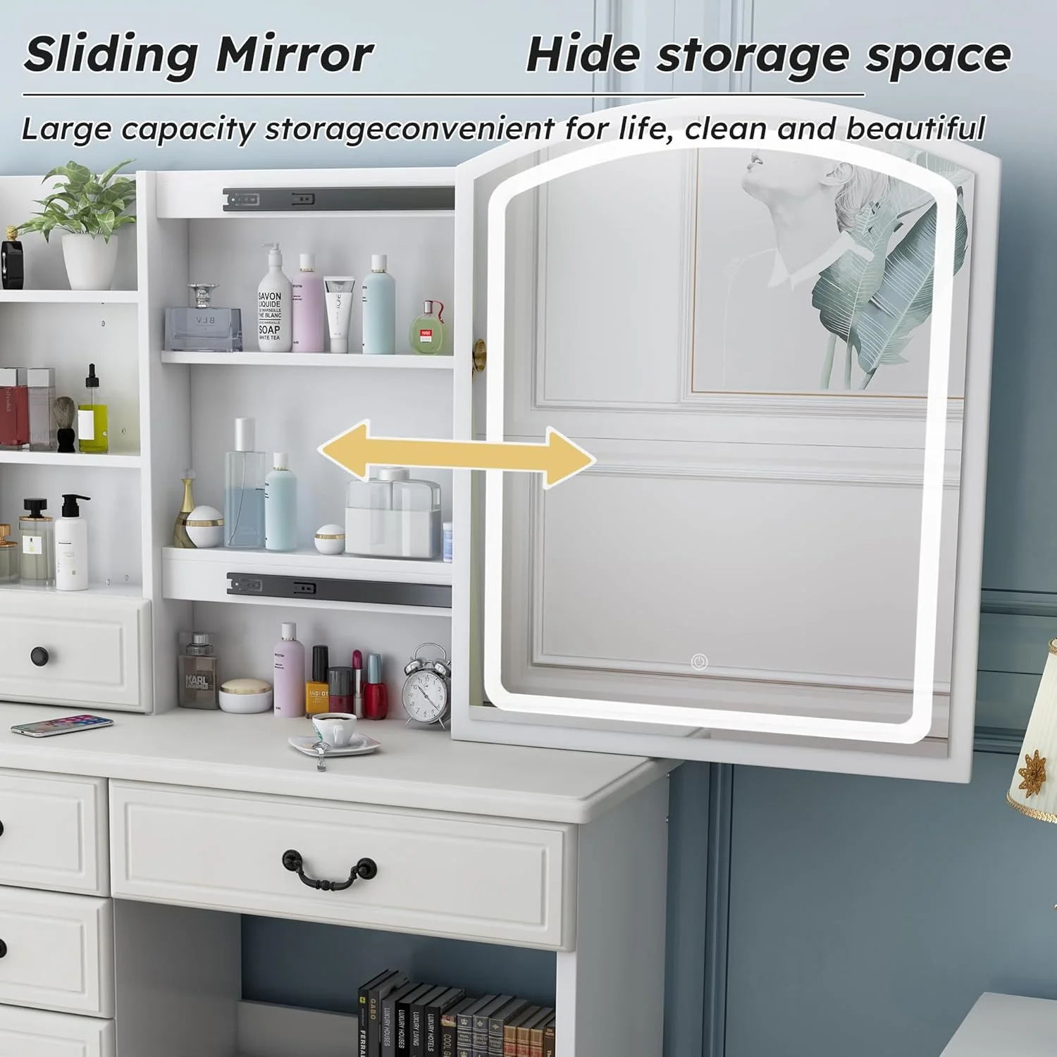 Montary Modern Mini Vanity w/Adjustable LED Mirror + Hidden Storage, Padded Stool & Dustproof Shelves (White) - Image 150