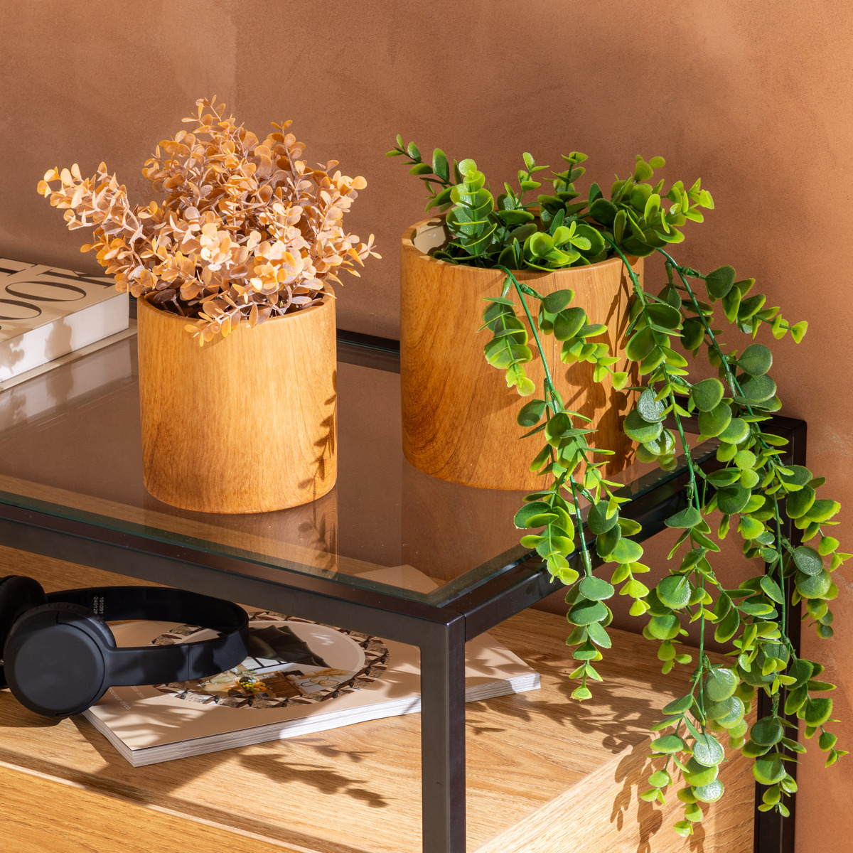 Set of 2 flower pots "Sao" Brown, H. 13.4/11.6 cm