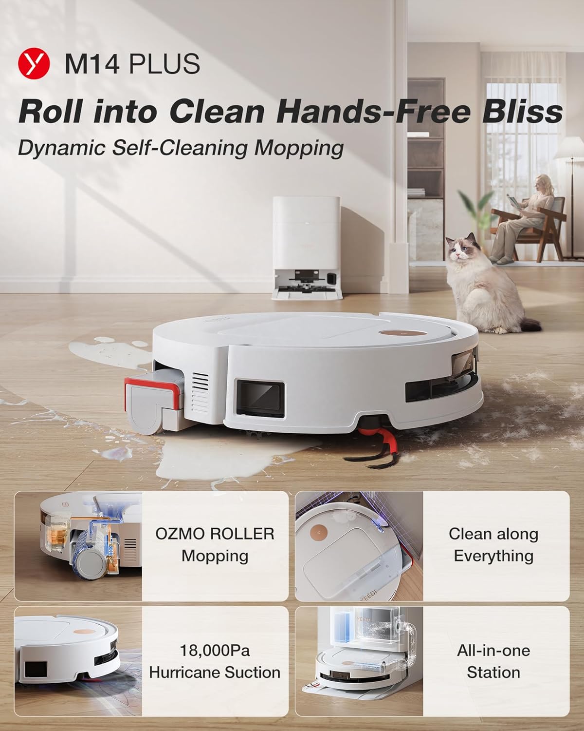 Yeedi M14 Plus Robot Vacuum and Mop with All-in-One Station, 18000Pa, OZMO Roller Instant Self-Washing Mopping, 167℉ Hot Water Mop Washing & Self-Drying, ZeroTangle 3.0, Self-Emptying, White