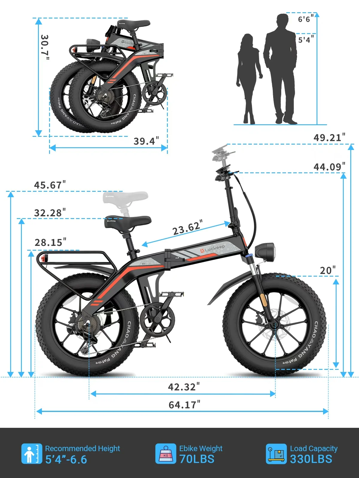 Luckeep X1 Lite Foldable Electric Bike for Adults 1500W Peak Motor,720WH Removable Battery,28MPH 60 Miles Long Range,20"*4" Fat Tire All-Terrain E-bike with Front Suspension,Mountain Electric Bicycle - Image 22