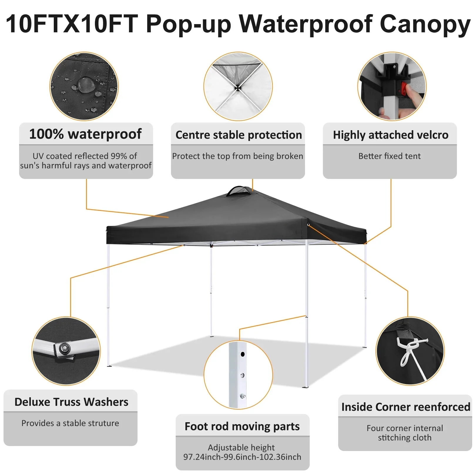 COBIZI 10x10 EZ Pop up Canopy Gazebo with Sidewalls,Pop up Canopy Tent Instant Shelter for Outdoor Party Camping Backyard Beach with Air Vent ,Carry Bag,Stakes,Ropes,Black - Image 10