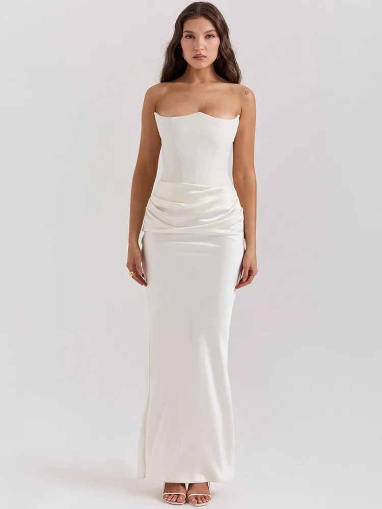 Elegant Strapless Satin PatchWork Bodycon Party Club Evening Dress Women Winter Sexy Backless Female Vestido 2025 New - AZJHJ