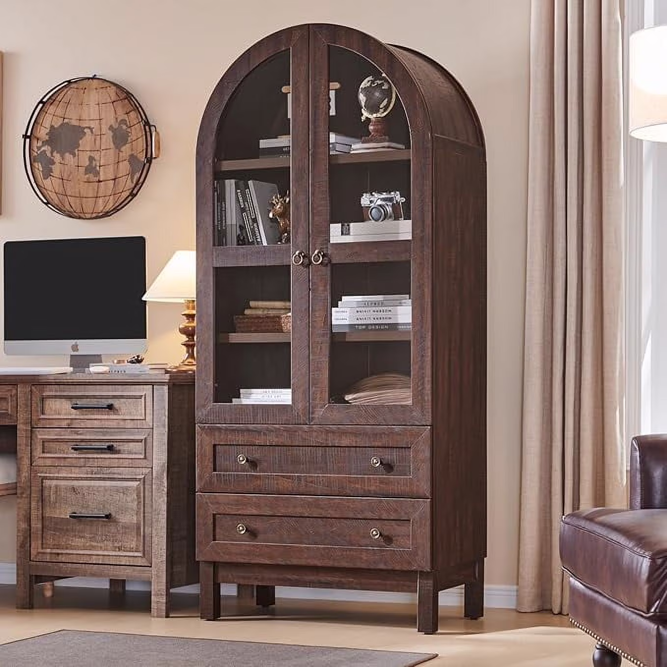 IFGET 71-Inch Arched 4-Tier Bookcase with Glass Doors and Drawers - Image 7
