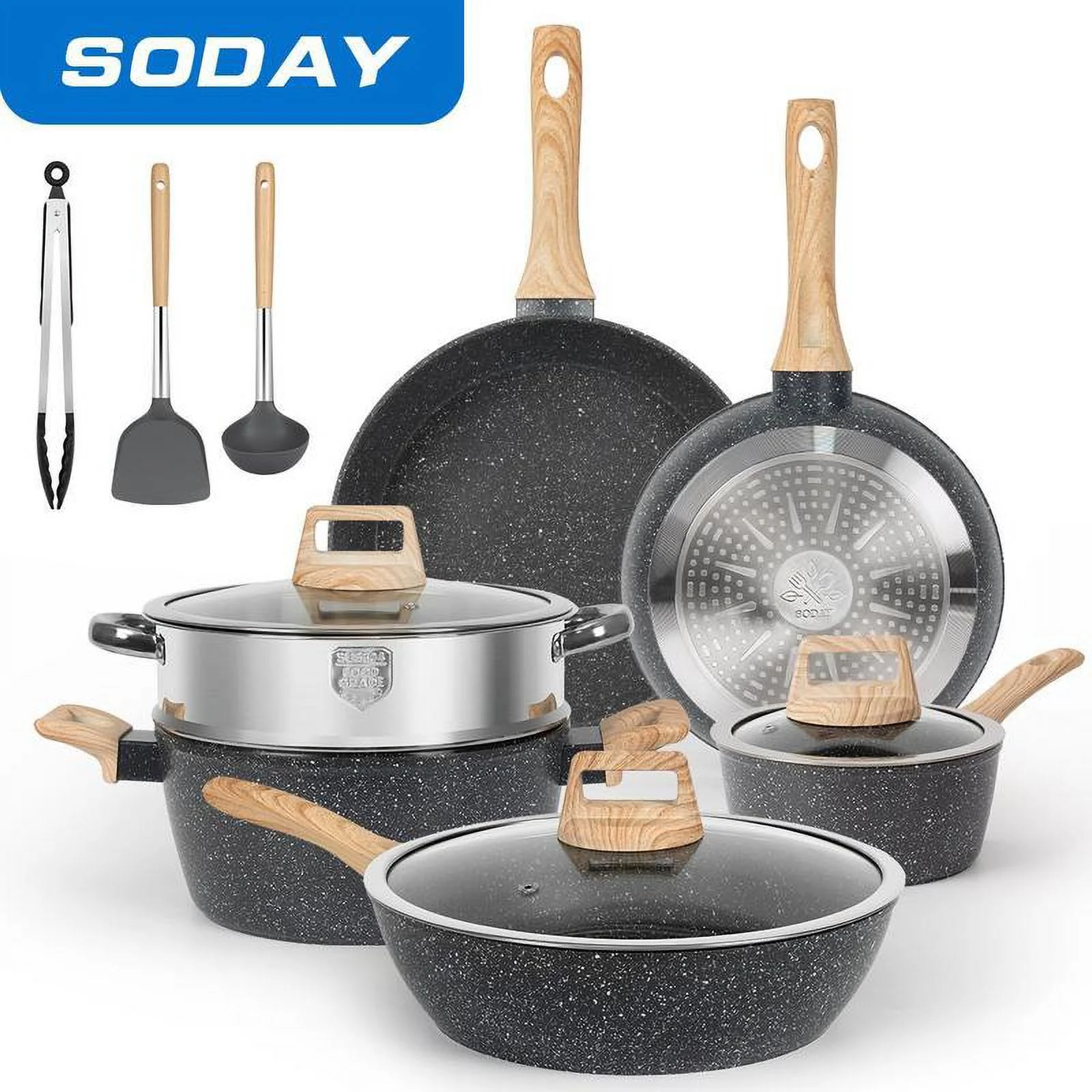 12pcs Pots and Pans Set Non Stick Kitchen Cookware Sets Induction Cookware Nonstick Granite Cooking Set with Frying Pans, Saucepans, Steamer