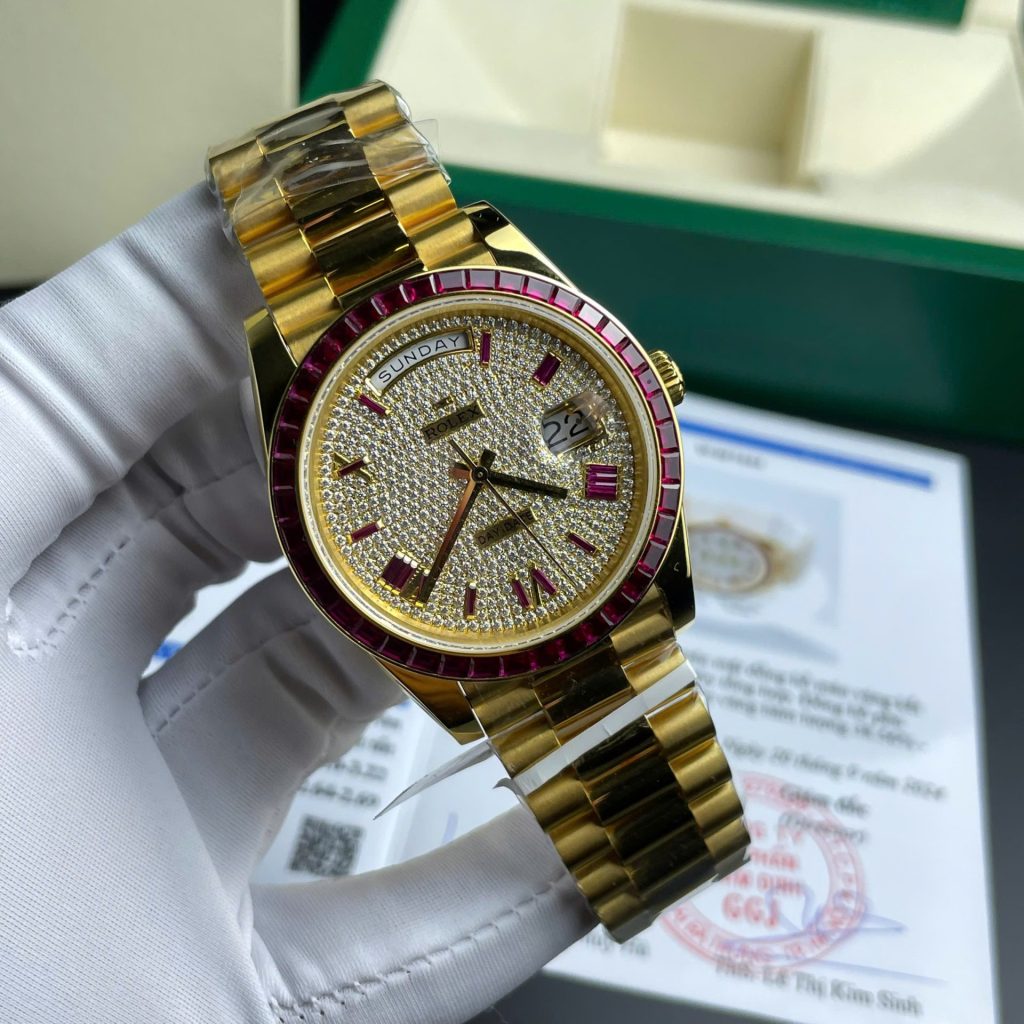 Rolex Day-Date Replica Watch Ruby Red + Moissanite Diamonds Gold Wrapped GM Factory 40mm - Top club