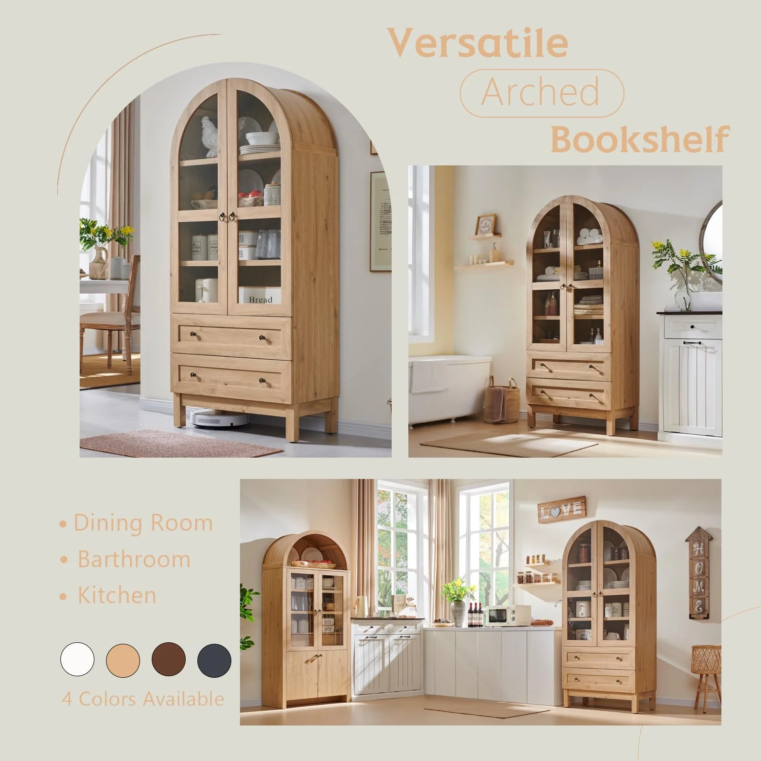 IFGET 71-Inch Arched 4-Tier Bookcase with Glass Doors and Drawers - Image 21