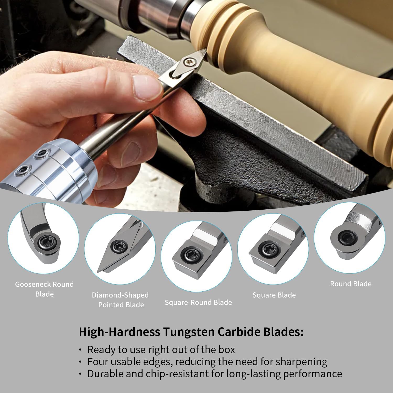 RUITOOL Carbide Wood Lathe Turning Tools Set with Bowl Sander, Including Swan Neck Hollower, Rougher, Finisher, Detailer, 1