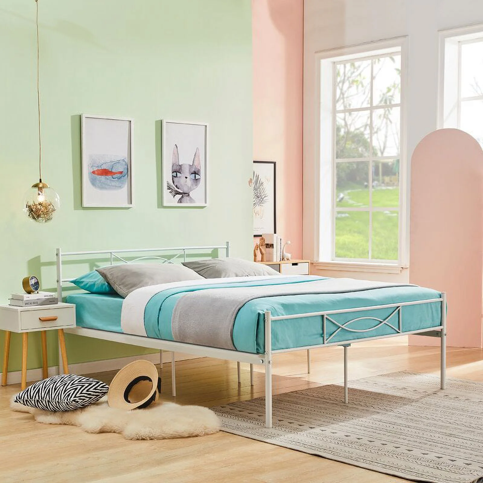Yoneston Metal Queen Platform Bed Frame with Modern Bowknot Headboard & Footboard Bedroom Furniture for Adults, White