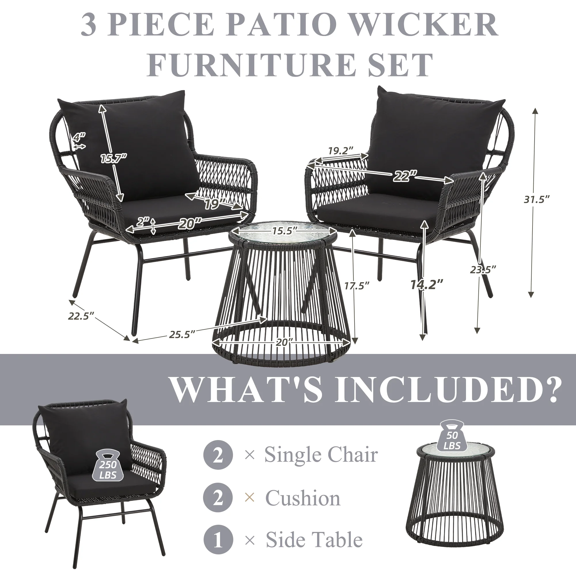 Bezseller 3-Piece Outdoor Wicker Furniture Set, Patio Conversation Set, Gray - Image 16