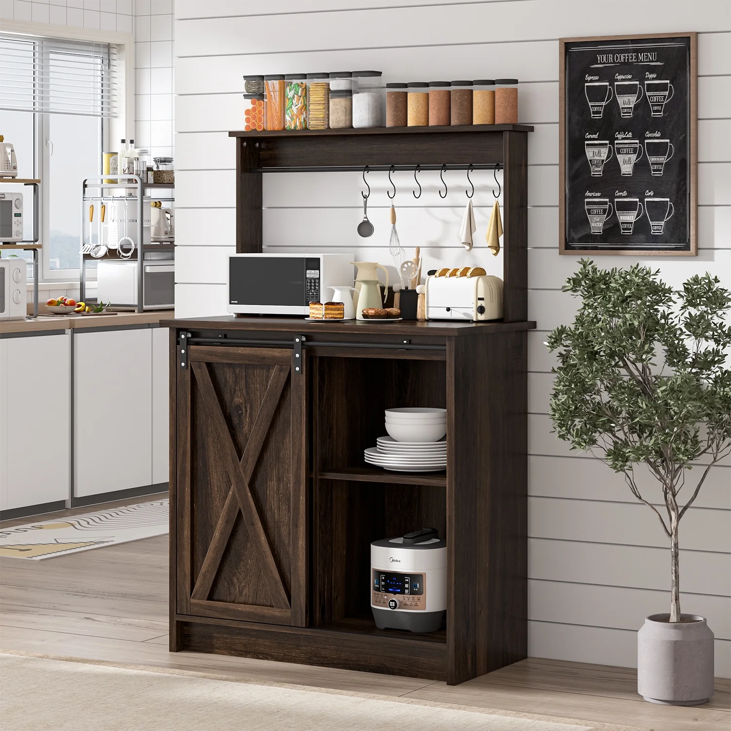 Catrimown Coffee Bar Cabinet, Barn Door Sideboard Buffet Cabinet with Storage, White - Image 15