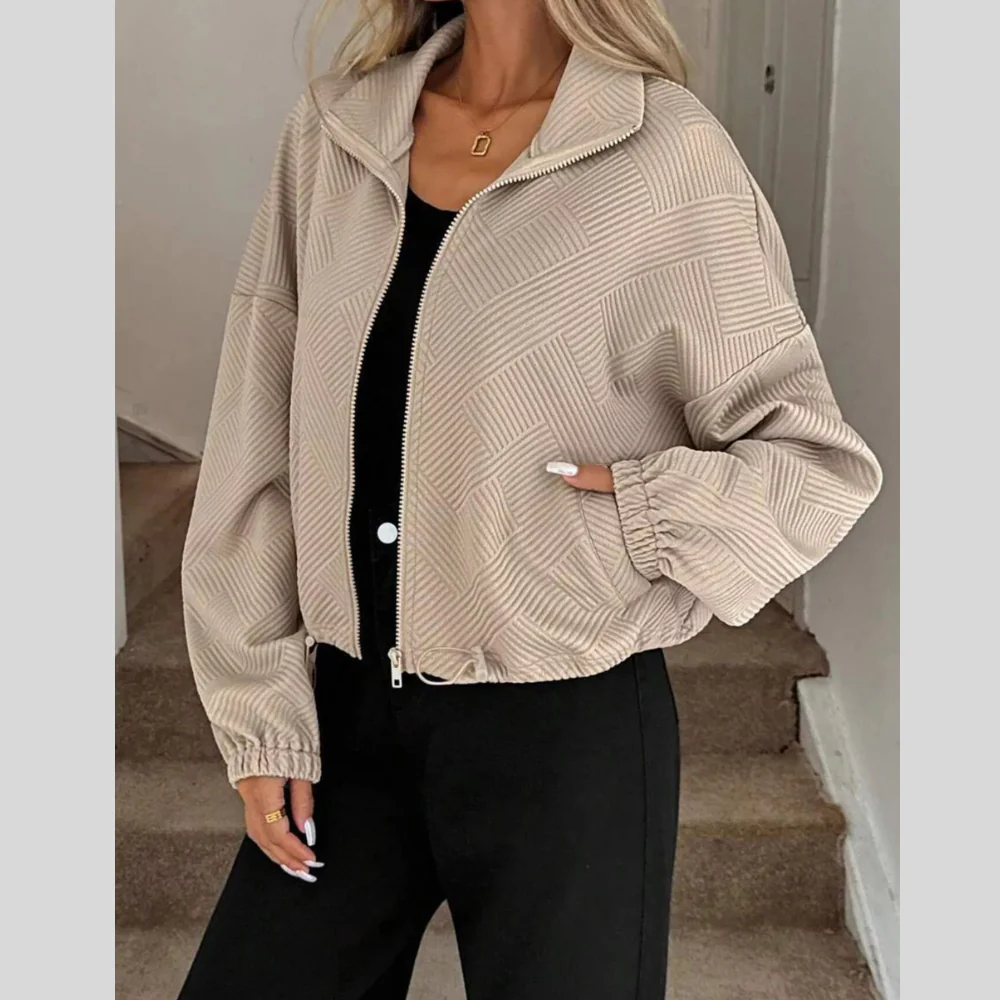 Drawstring Hem Textured Long Sleeve Jacket - ZKZOOK