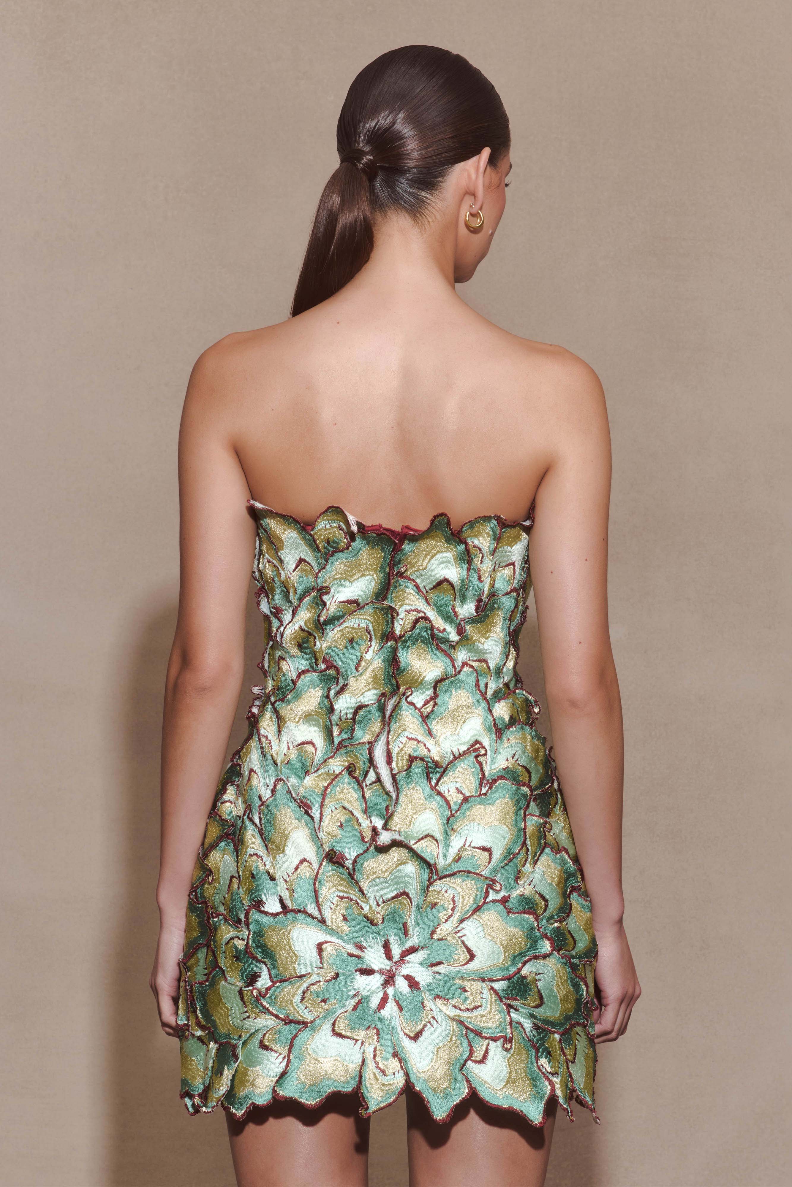 Juniper Hand Embroidered Floral Mini Dress - Gold/Teal