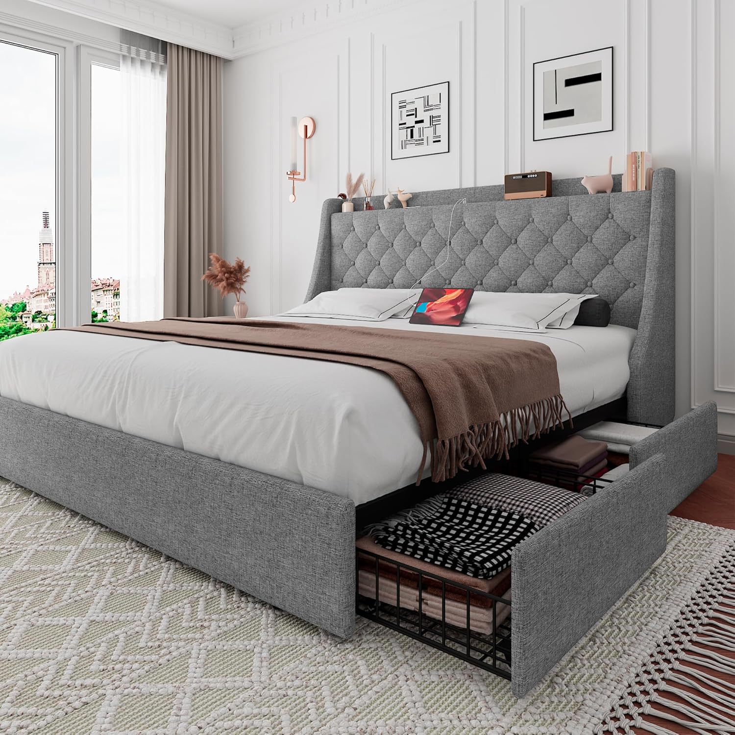 iPormis Queen Bed Frame with 4 Storage Drawers, Upholstered Platform Bed Frame with Type-C & USB Ports, Wingback Storage Headboard, Solid Wood Slats, No Box Spring Needed, Light Gray