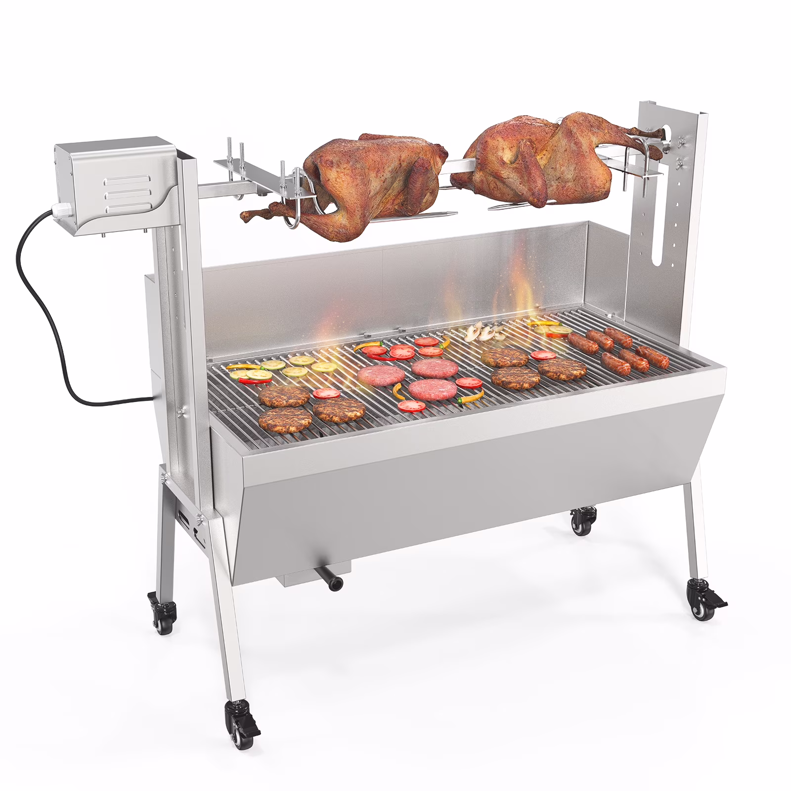 RovSun 46 Electric Rotisserie Grill 176 lbs Capacity 25w Pig Lamb Spit Roaster Rotisserie w/Lockable Wheels Wind Baffle with Adjustable Height